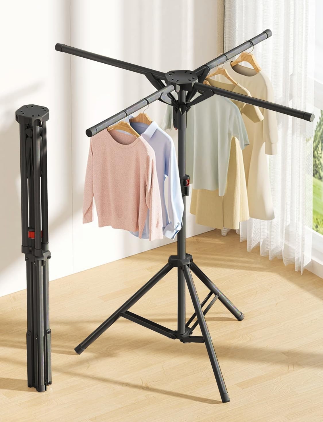 Lukzer Iron Tripod Collapsible Laundry Clothes Drying Rack Indoor Outdoor Clothing Stand Adjustable Height Portable with 4 Poles (Black, 49 X49 X 68.5 Cm)