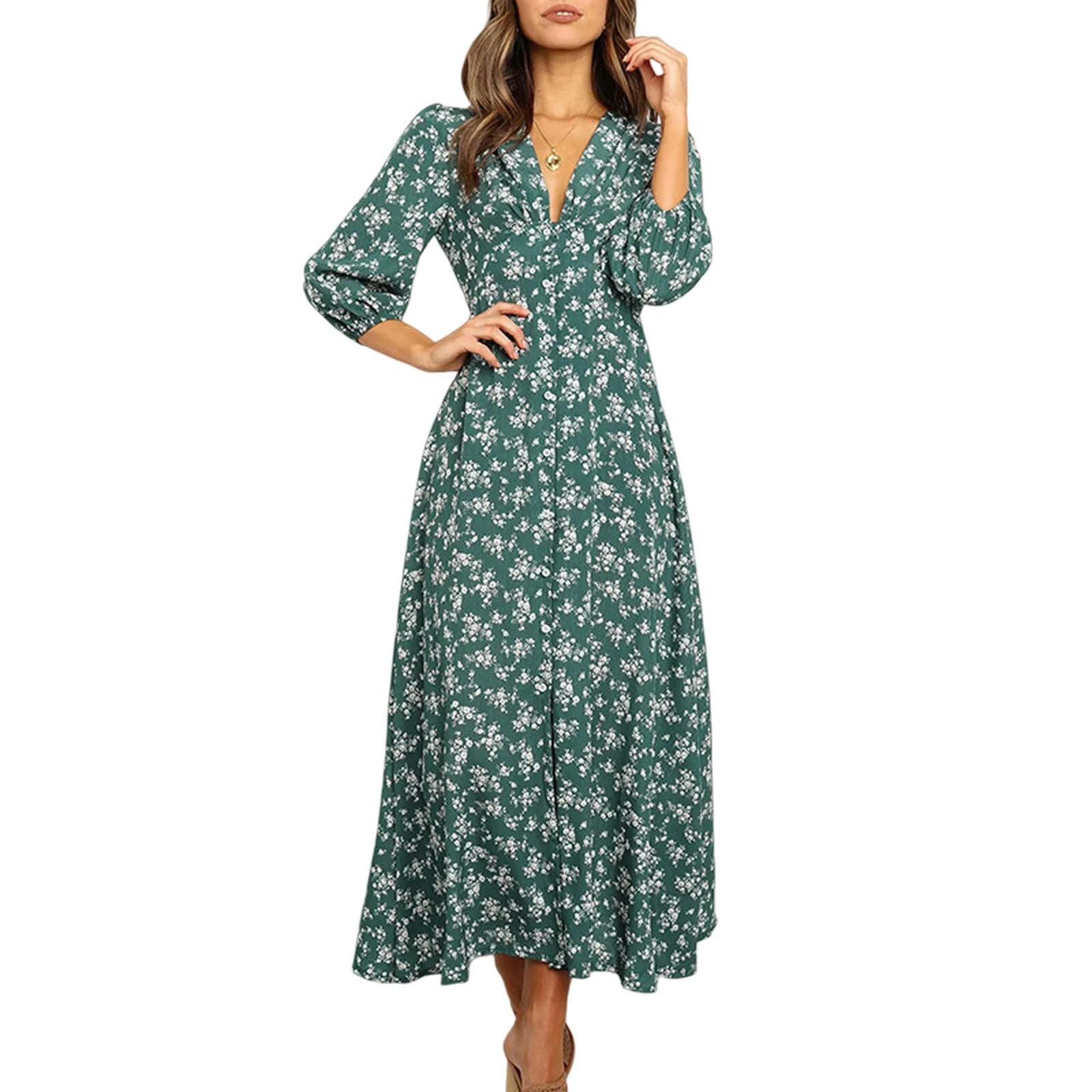 Vestito Donna Rosso Fiore Bohemian Maxi Abito, V-Collo Alta Vita 3 4 Manica, Abito Casual Fluente per La Spiaggia Estiva E Le Vacanze-Red-m