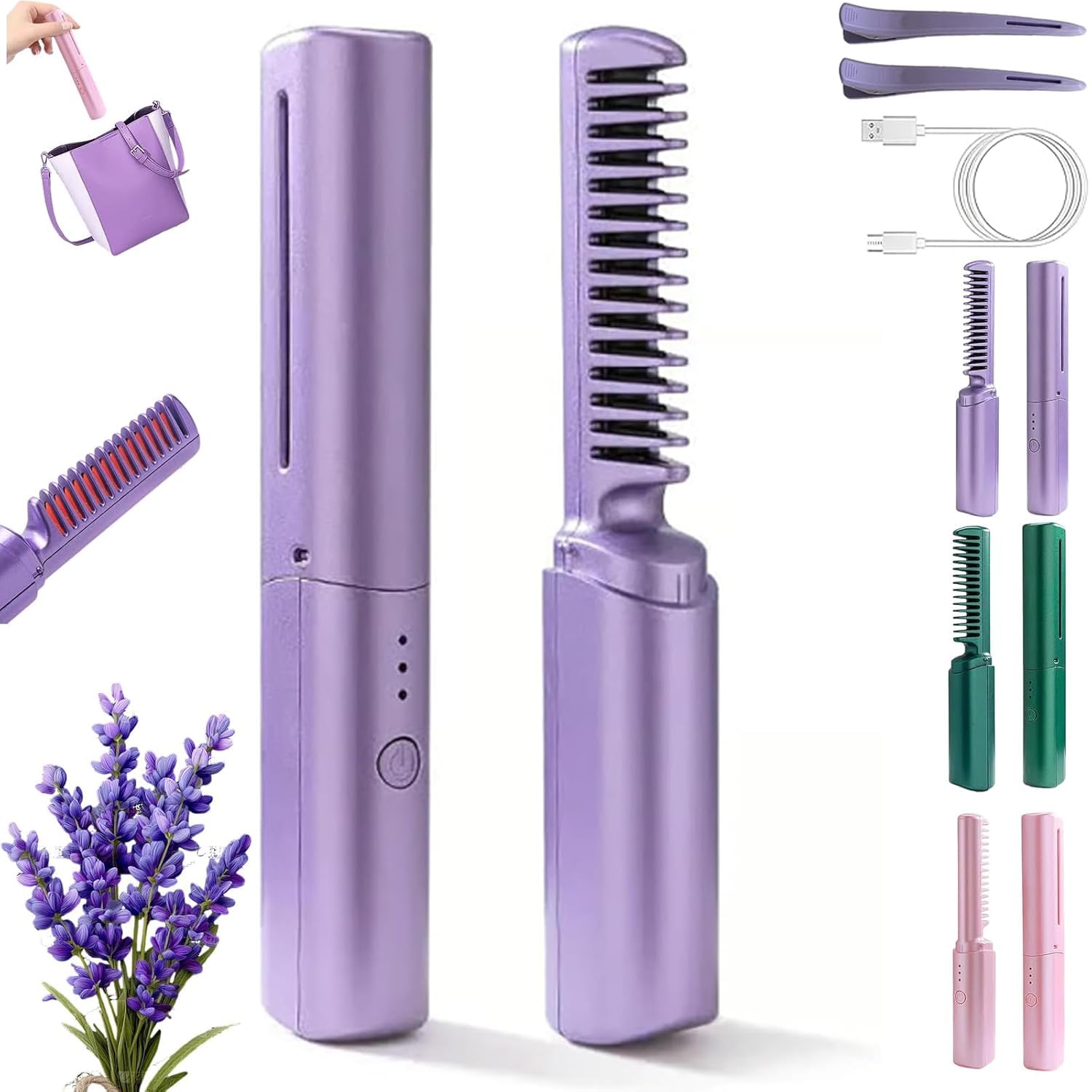 Cedar and Ash Ceramic Hairdressing Comb, Ceramic Hairdressing Comb, Mini Straightening Comb, Smooth, Frizz-Free Hair Anytime, Anywhere, 3 Heat Settings,USB Rechargeable,Cordless Fast Heat (Purple)