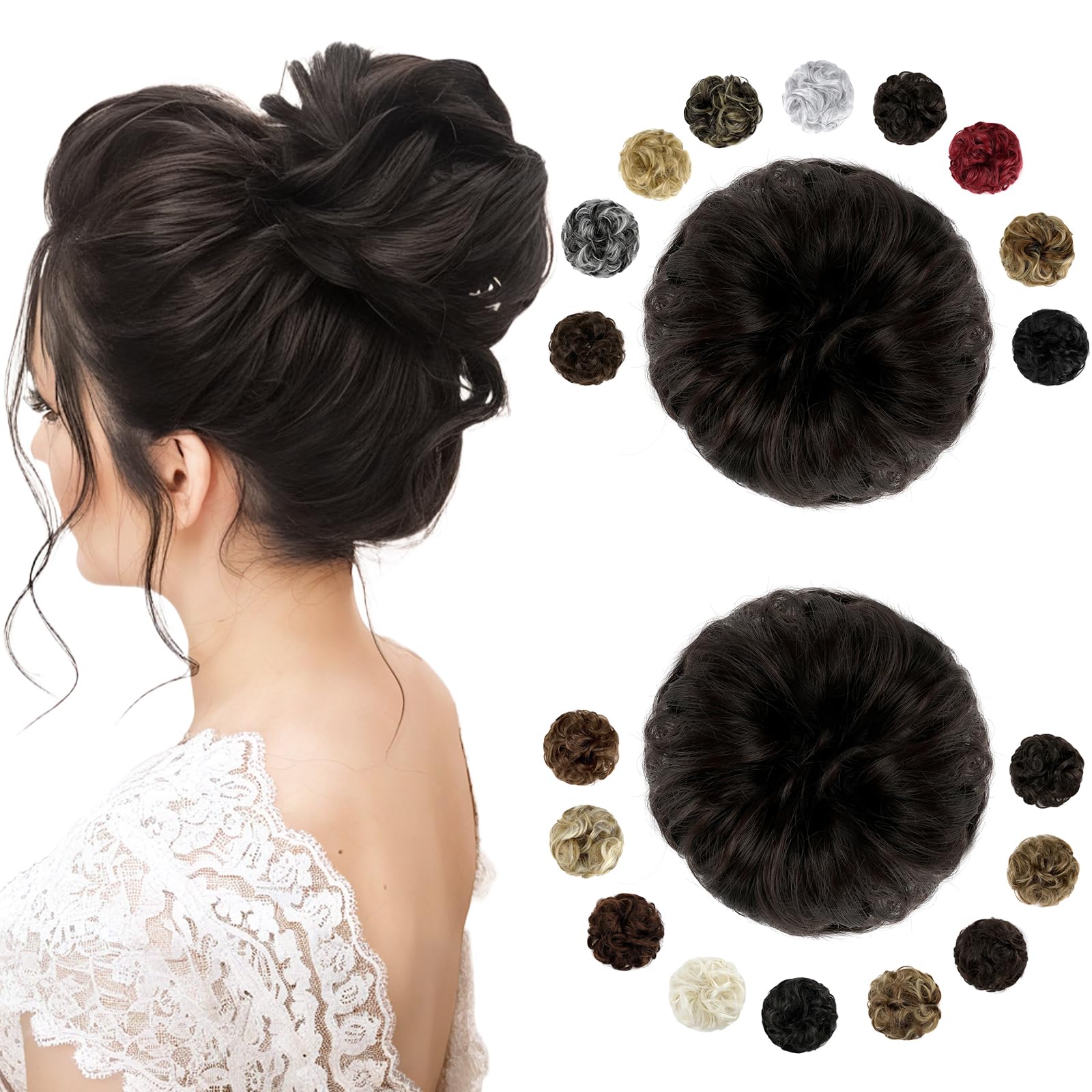 FELENDY 2PCS Messy Bun Hair Piece Large Wavy Curly Elastic Hair Bun Scrunchies Fluffy Thick Donut Chignon Hairpieces Updo Extensions Dark Brown