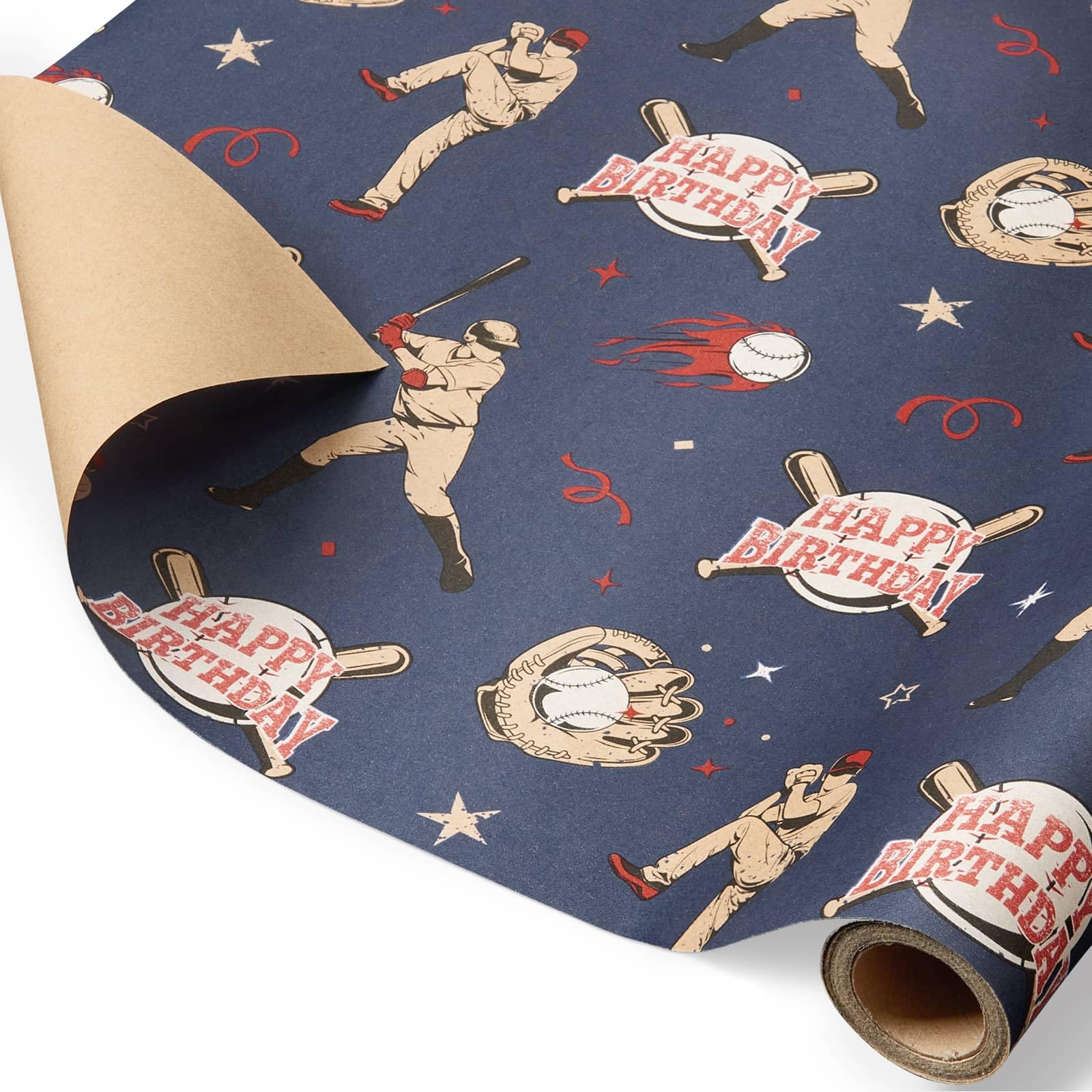 WERNNSAI Baseball Kraft Wrapping Paper - 1 Roll 17”x 33 ft Baseball Birthday Wrapping Paper Kraft Gift Wrap Boys Sports Birthday Present Packing Decoration Player Gloves Ball Design — image 1