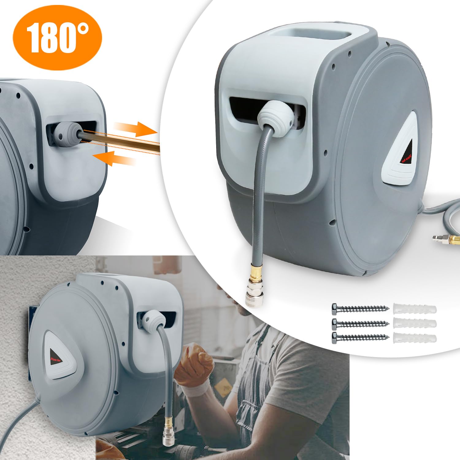 Manguera de aire comprimido de 30 m, conexión de 1/4", carrete de manguera de montaje en pared, función de presión, tambor, giratorio 180°, enrollador automático, color gris