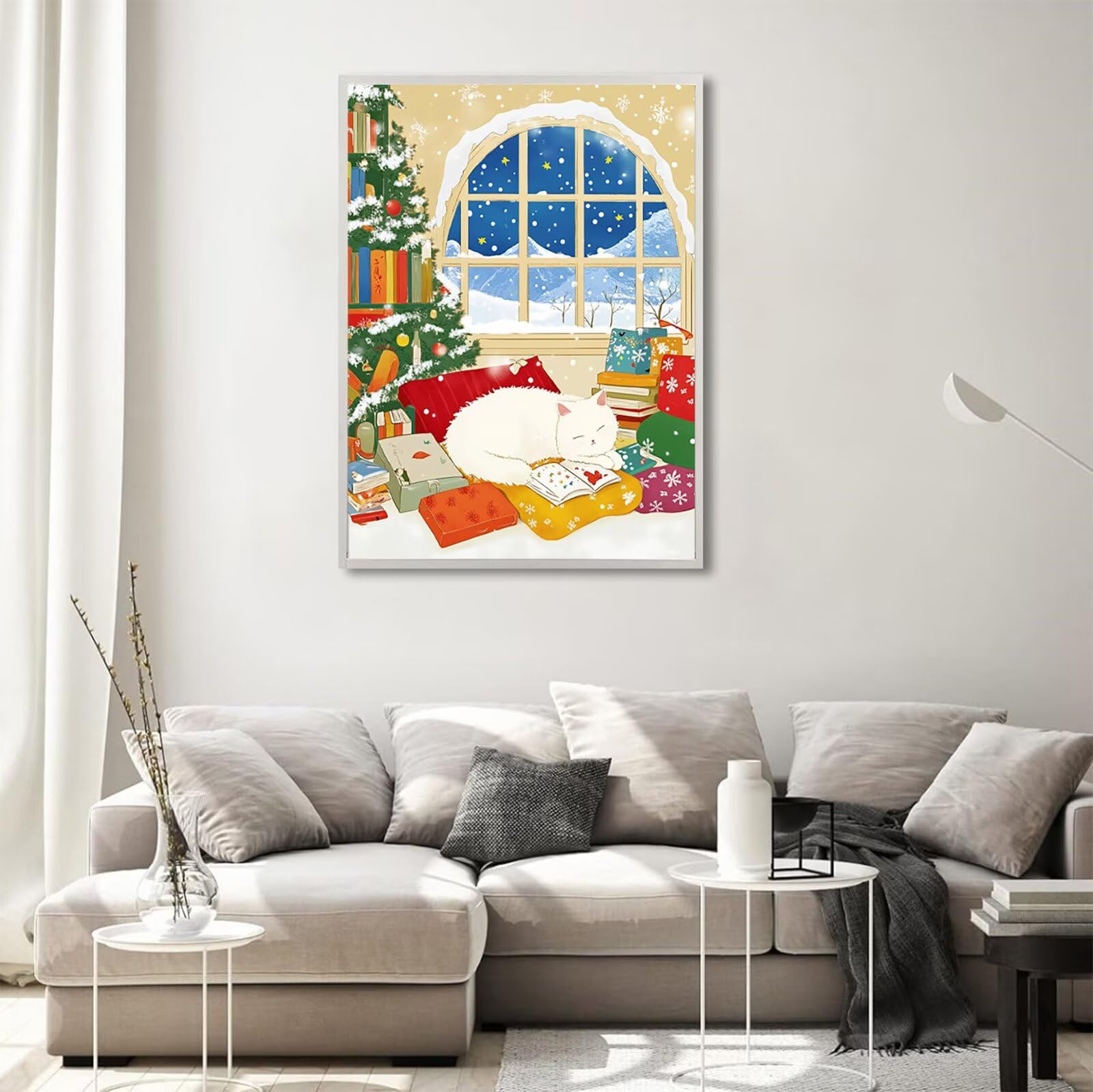 Winter Diamond Painting Katze Diamond Painting Eckige Steine 80x120cm, 5D Vollbohrer Diamanten Kinder Anfänger Bastelset, DIY Set Erwachsene Kreativ Set für Erwachsene für Zimmer Wand Deko, Model762