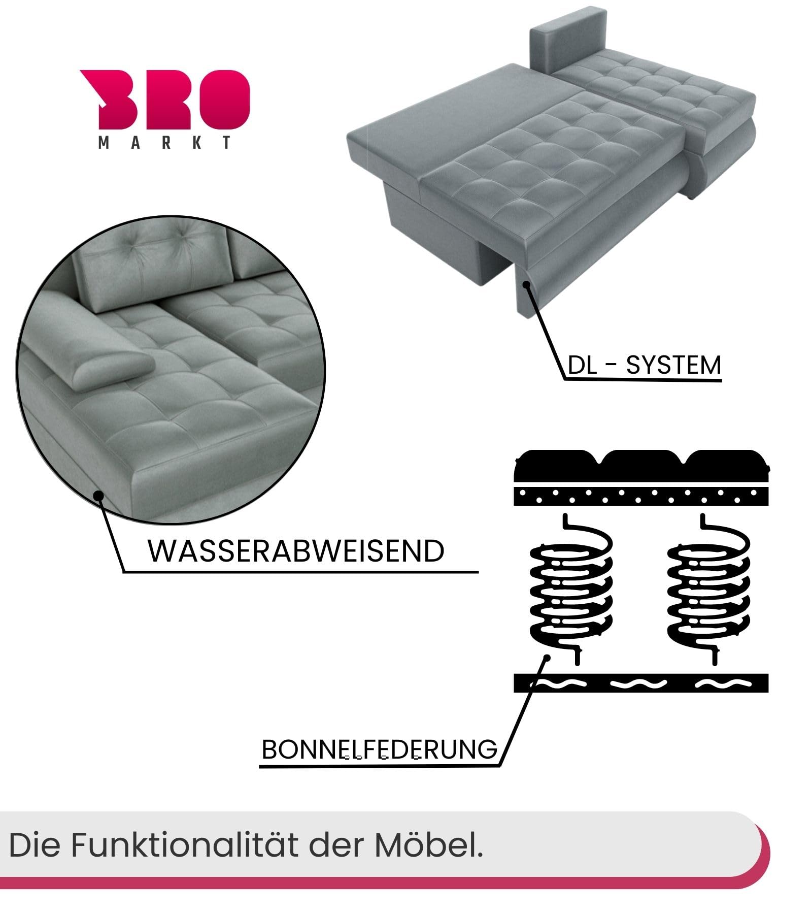 BROMARKT Ecksofa mit Schlaffunktion Sofa mit Bettkasten Hellgrau Rechts