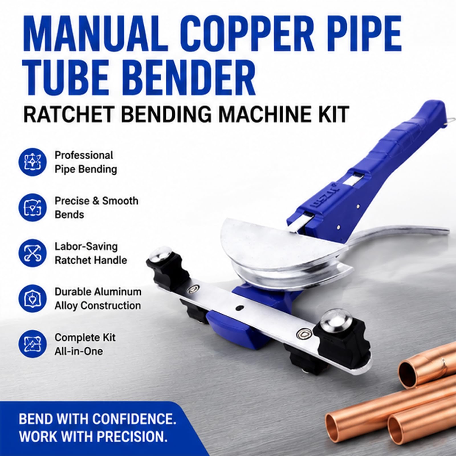 Piegatubi Manuale per Tubi in Rame, Kit Piegatubi a Cricchetto, 90° Avanti/Indietro per 3/8'' a 7/8'', Utensile per Sbavare Taglierina, per HVAC, Riparazione Idraulica dell'Aria Condizionata