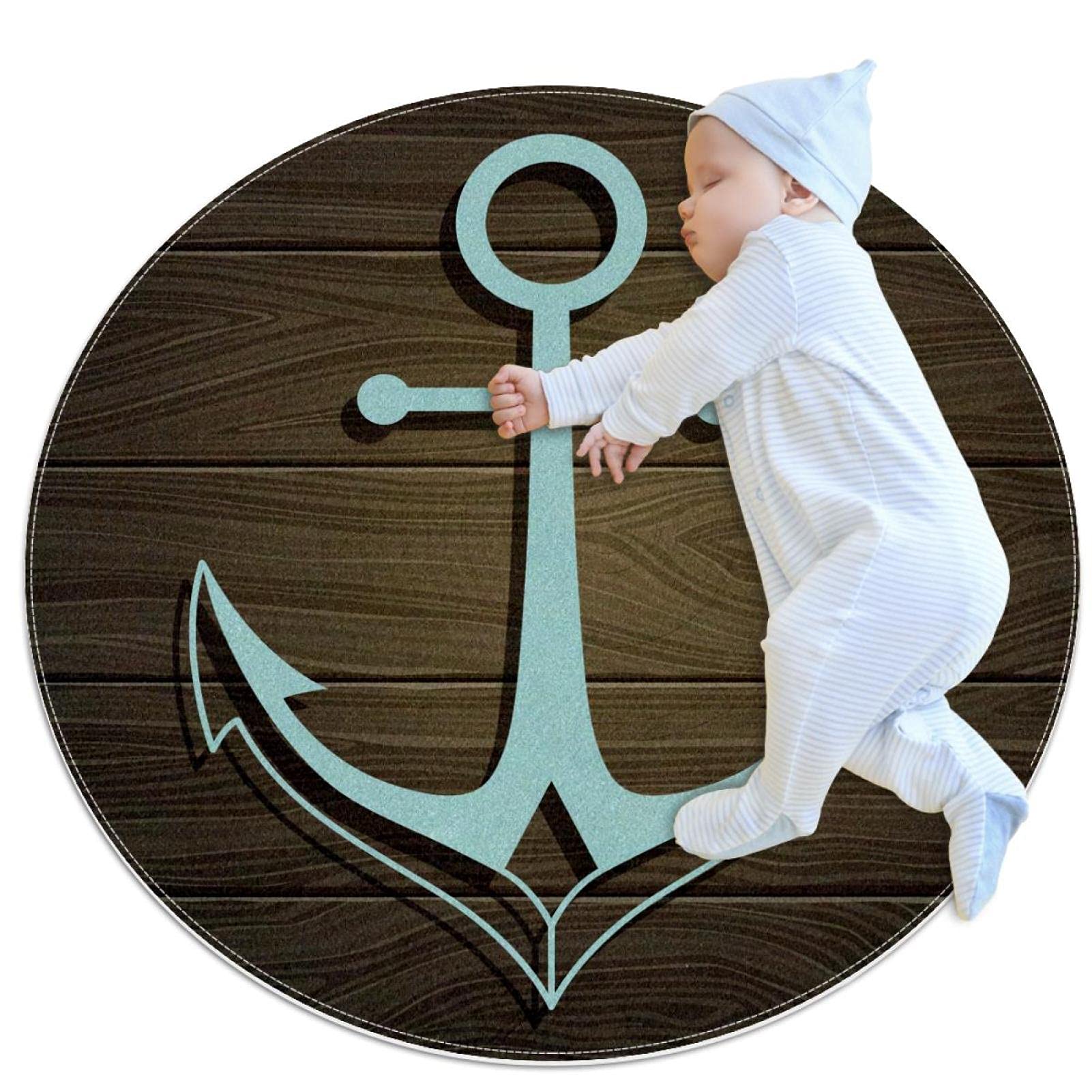 Tapis de salle de bain 1m de diamètre antidérapant rond motif ancre