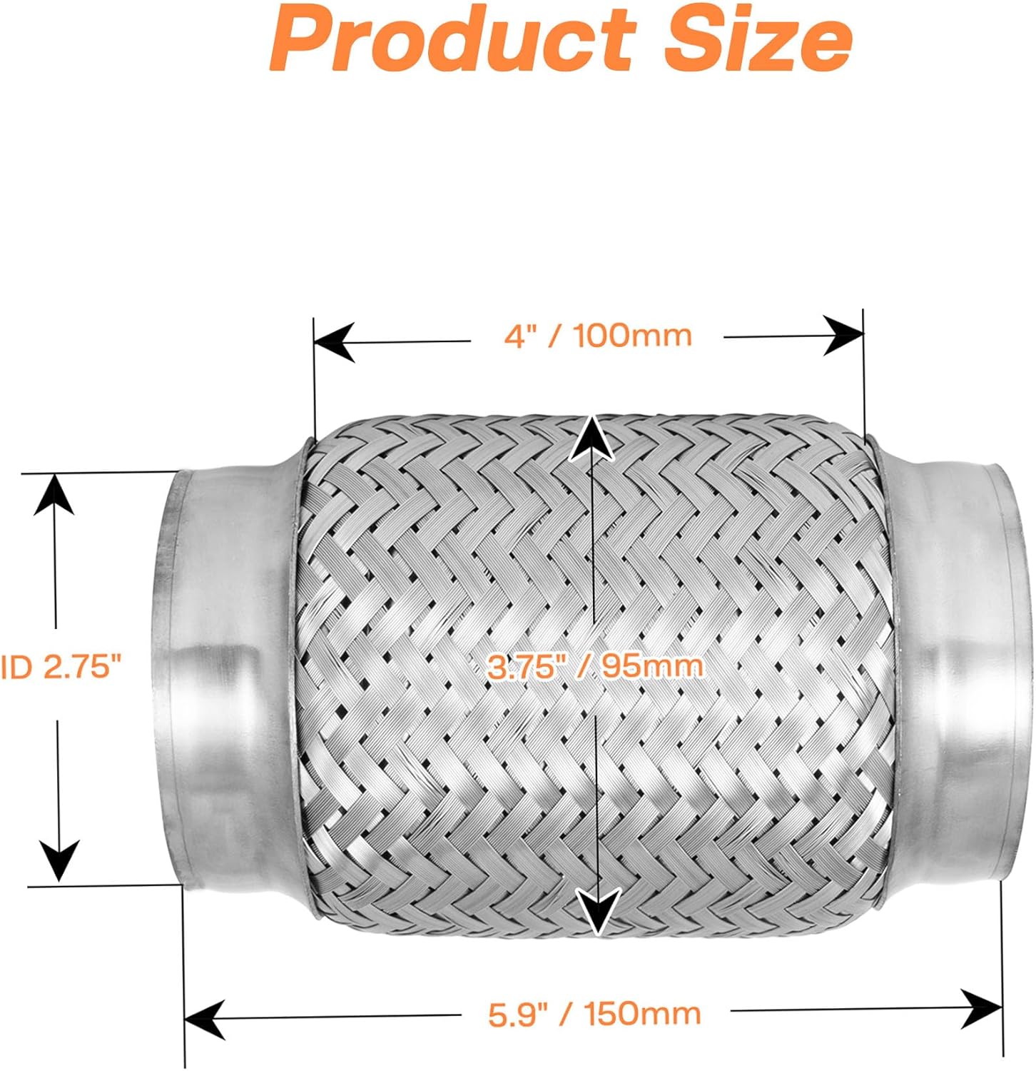 Exhaust Flex Pipe, 2.75" Double Braid Stainless Steel Flexible Pipe, Heavy Duty Exhaust Flexible Tube Overall Length 5.9"/150mm, 2PCS