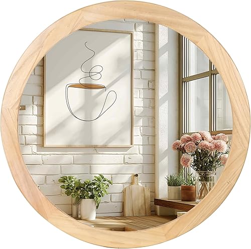 Miniatura 46 de CULER Espejo redondo de madera de 24 pulgadas, espejo circular con marco de nogal para pared, espejo de pared redondo decorativo rústico para baño