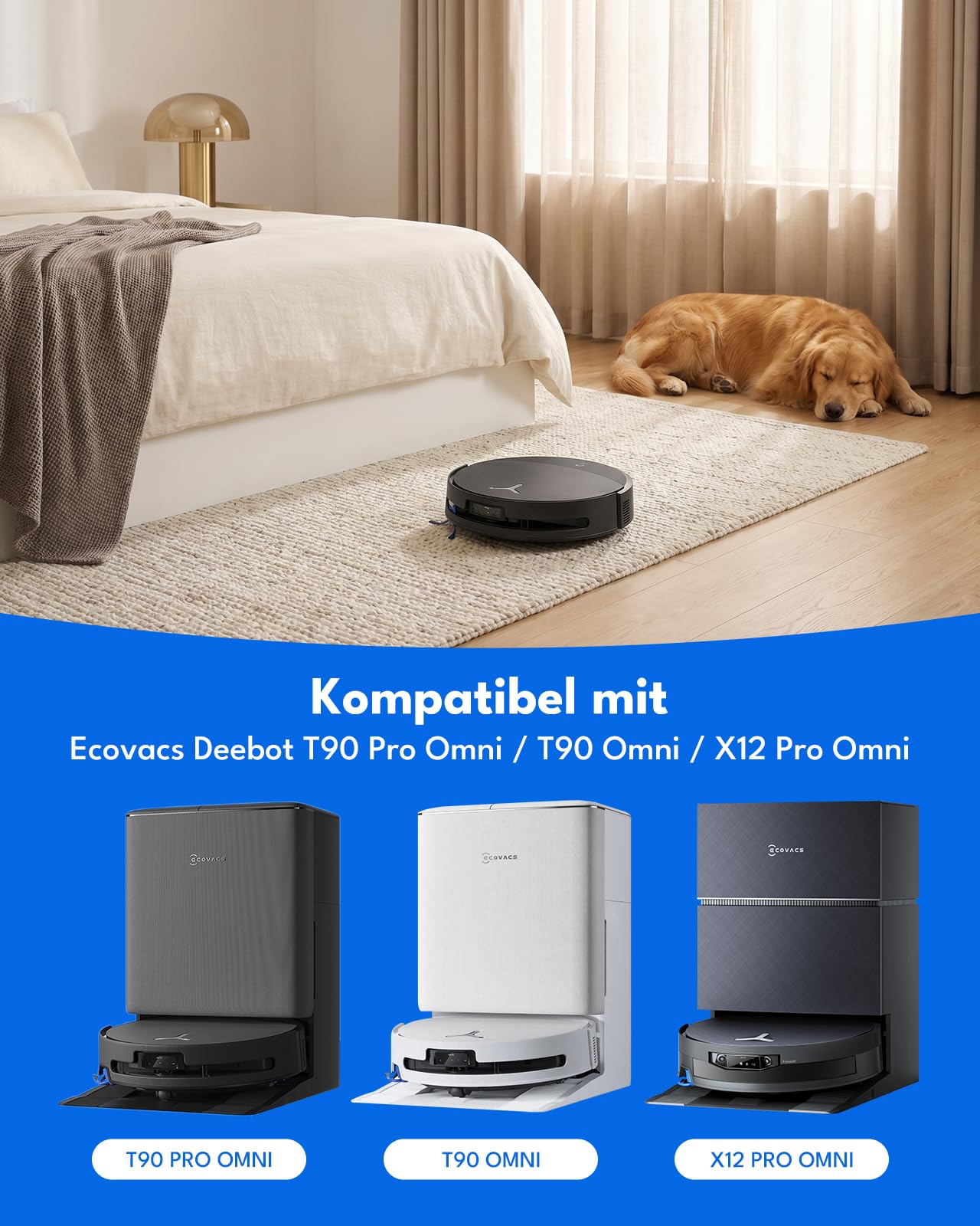 23 Stk. Zubehörsets für ECOVACS DEEBOT T90 OMNI/T90 PRO OMNI/X12 Pro Omni Saugroboter: 1 Hauptbürste, 3 Rollenwischer, 6 Seitenbürste, 5 HEPA-Filter, 6 Staubbeutel, 1 Wassertankbürste