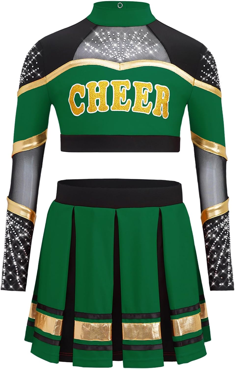 JanJean Girls Rhinestones Cheerleading Crop Top with Pleated Skirt Dance Set Sparkly Long Sleeve Cheer Leader Unifroms