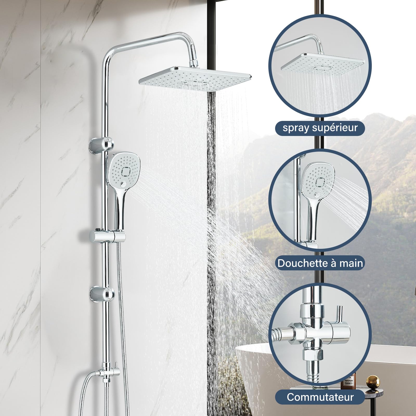 Colonne de Douche sans Mitigeur Chromé Acier Inoxydable Ensemble de Douche avec Carrée Douchette und Pommeau de Douche 29x19cm Salle de Bain