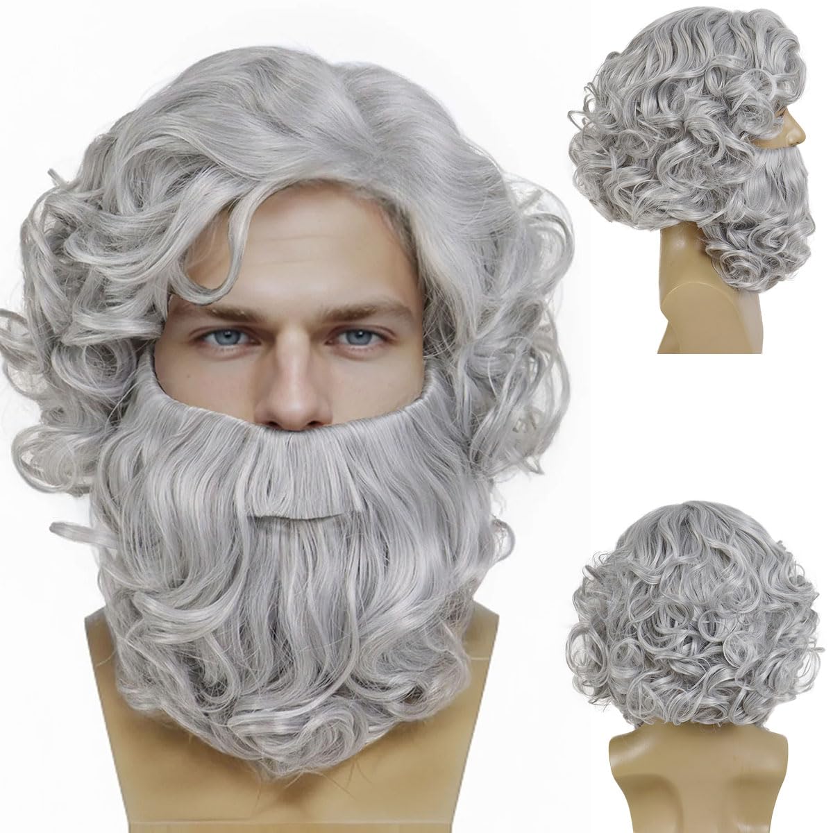 GNIMEGILWizard Beard and Wig Sets Short Gray Old Man Curly Wig Costume Accessories Zeus Cosplay Suit Grey for Men Women Carnival Christmas Party