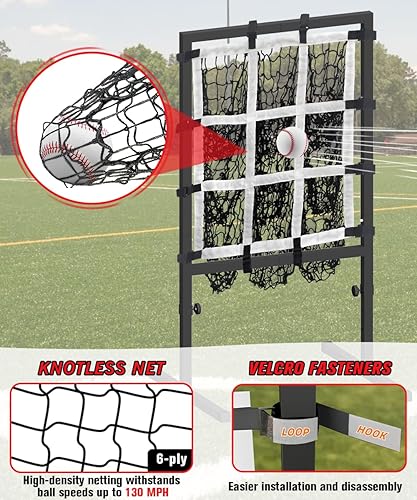 Miniatura 3 de Queension Red de lanzamiento de 9 agujeros con zona de ataque, redes de béisbol Powernet de altura ajustable con bolsillos de objetivo para batear,
