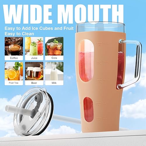 Miniatura 3 de Sursip Vaso de vidrio de 40 onzas con asa, botellas de agua de vidrio con tapa y popote, taza de café helado reutilizable con funda de silicona,