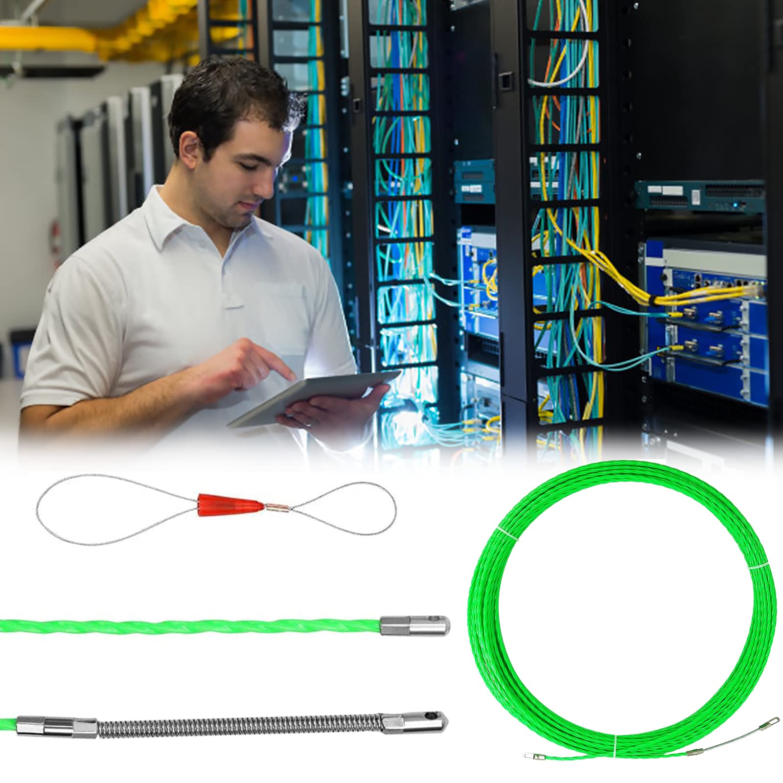 Guia Pasacables 50M, 4,5mm Guia Pasacables Profesional Guia Cables Espiral Guía Pasacables con 2 Muelles Guía Ayuda de Extracción de Cables para Tirar de Cable, Verde