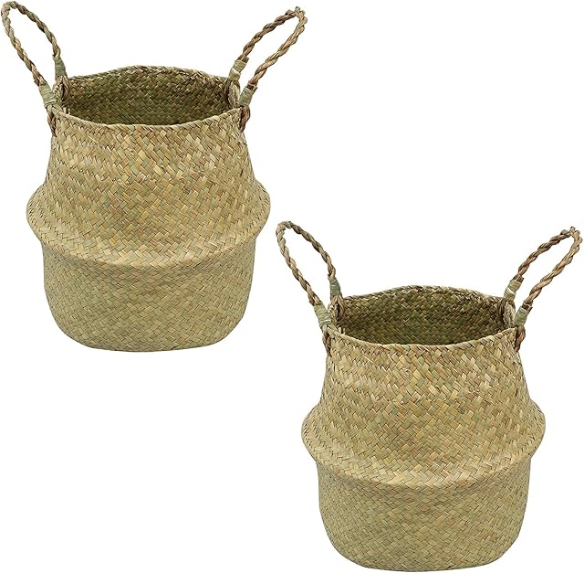 Woodside Large Woven Seagrass Belly Basket, Foldable Home Storage for Toys & Laundry, Decorative Plant Pot, Beach Bag, Grocery/Picnic Basket, pack of 2