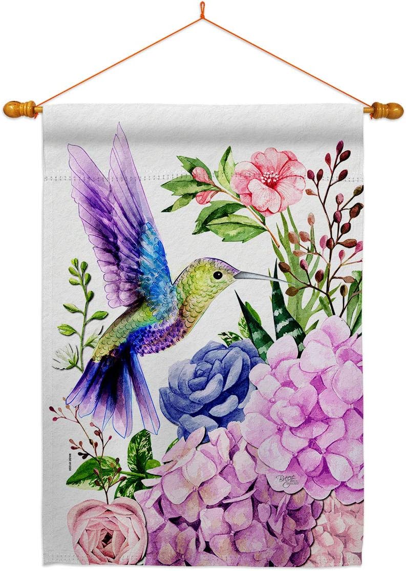 Purple Hummingbird House Flag Dowel Set Animals Bird Flamingo Cardinal Peacock Springtime Natural Wildlife Small Decorative Gift Yard Banner Double-Sided Made In USA 28 X 40