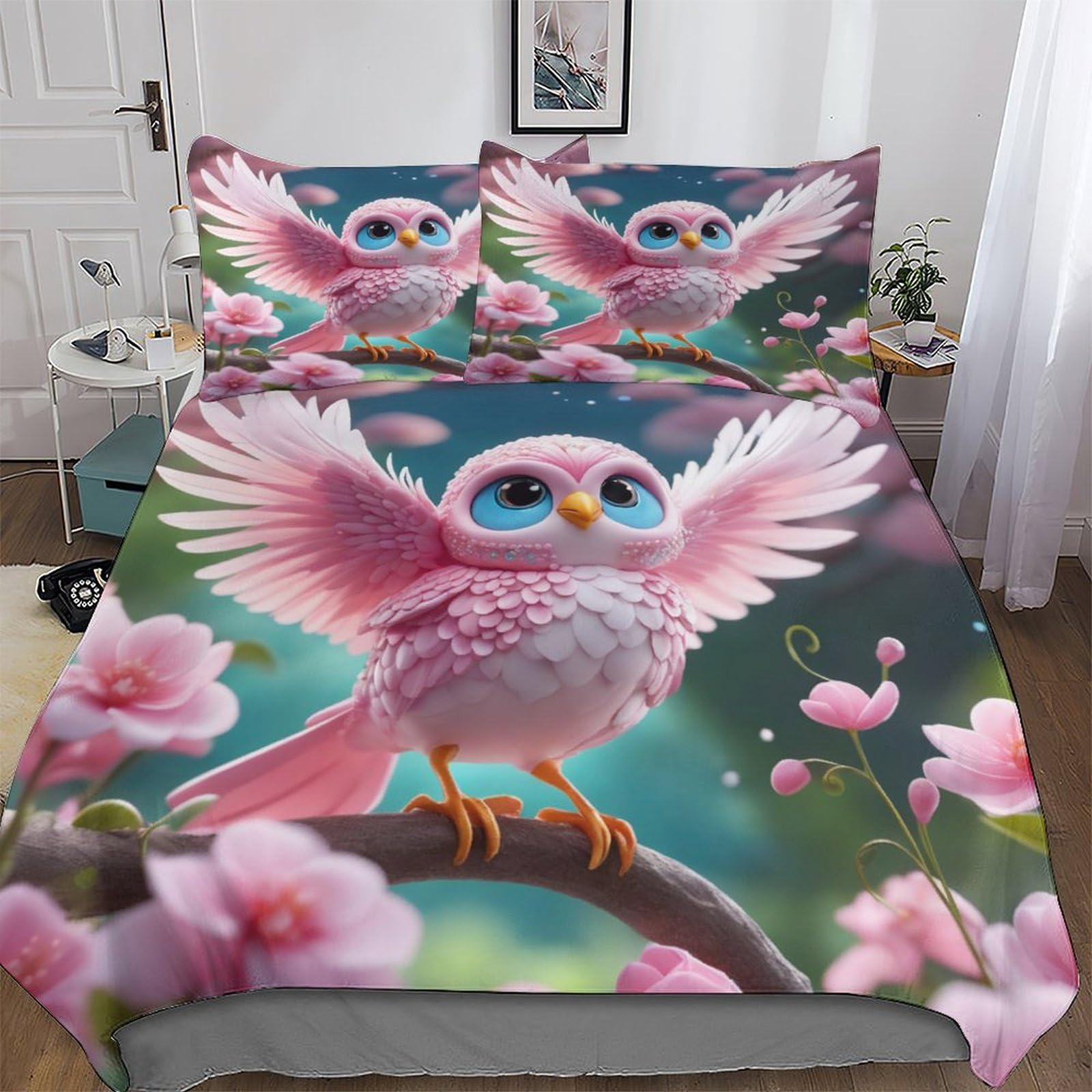 Housse de couette hibou 220x240cm avec sa taie d'oreiller en microfibre toutes saisons