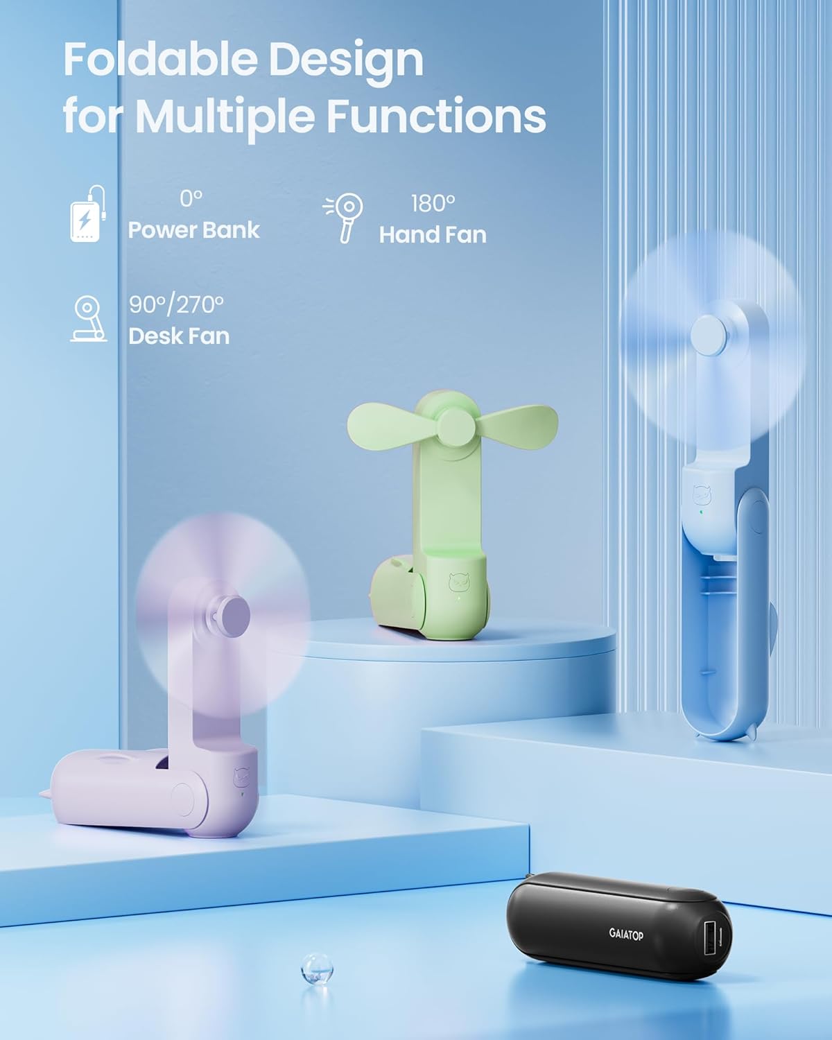 Illustration of the fan's foldable design enabling 0° (power bank), 180° (hand fan), and 90°/270° (desk fan) functions.