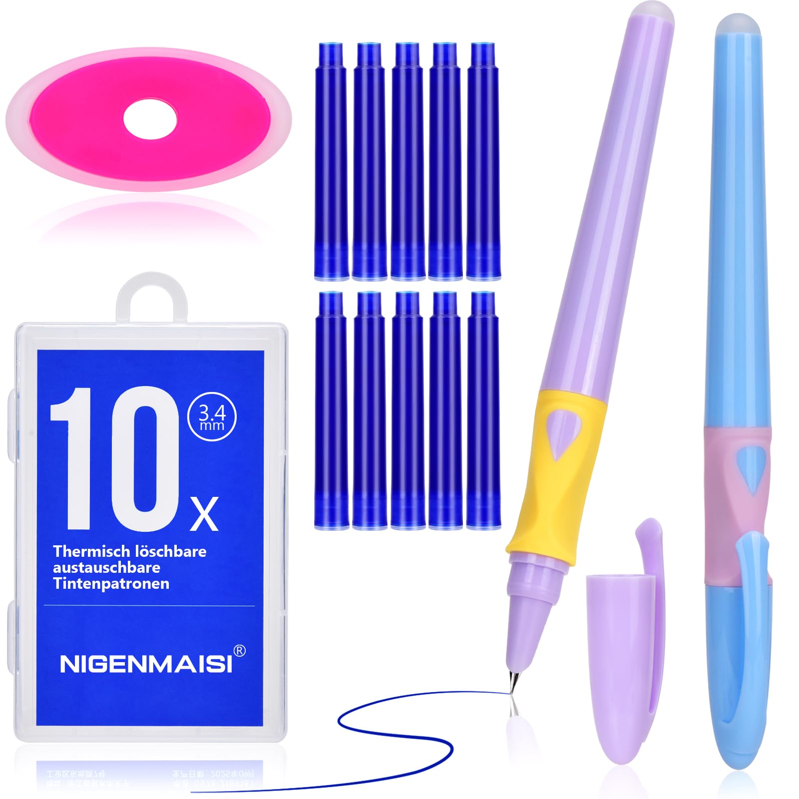 NIGENMAISI Grundschule Radierbarer Füller 2er Set Blau und Mintgrün- kein Tintenkiller nötig, geschützte Feder, ergonomischer gummierter Griff, blaue schnelltrocknende Tinte, 10 Patronen,