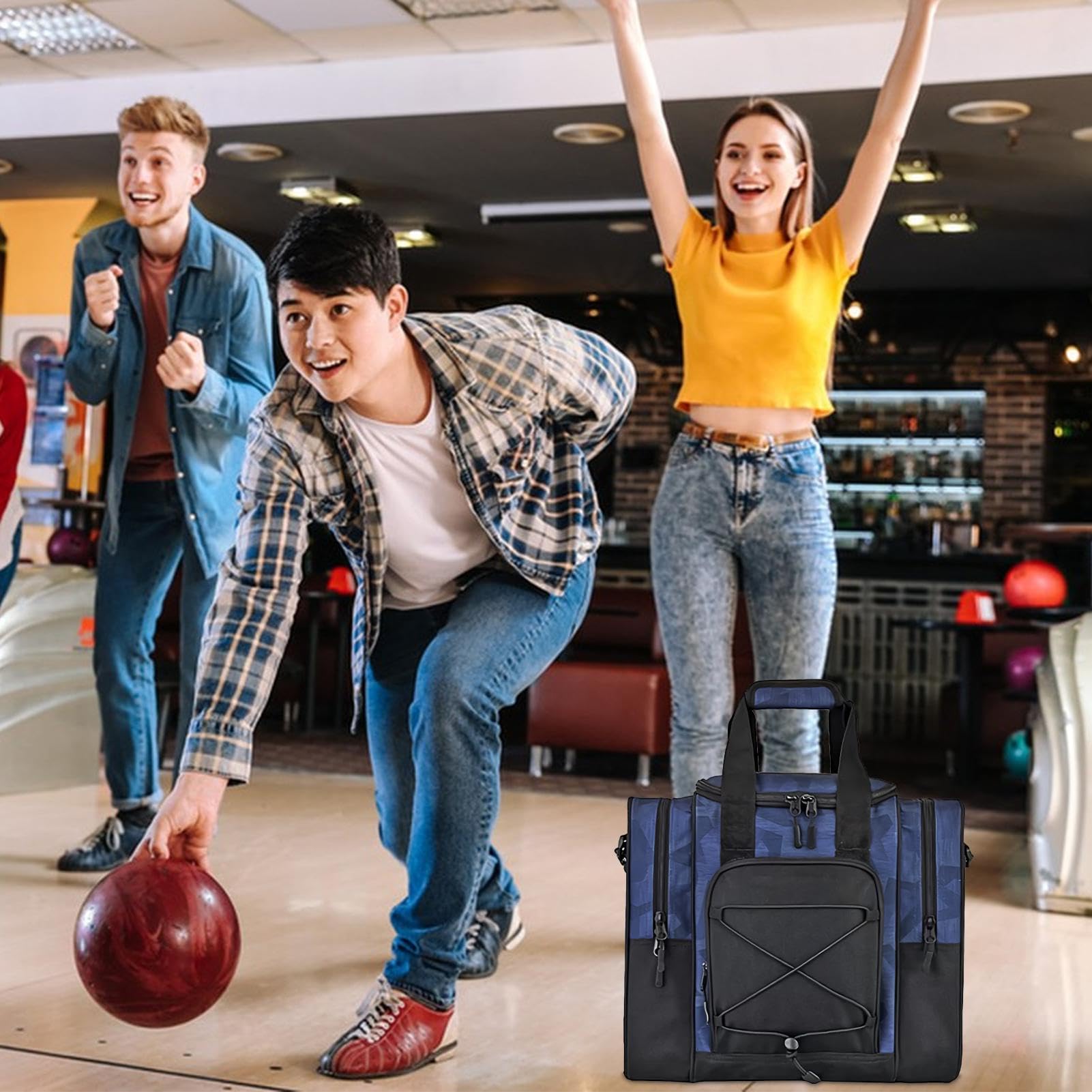 Bowling Tote Bag, Multifunctional Tote for 1 Ball, Adjustable Padded Handbag with Interior Belt, 14.37x9.45x12.8 Inches Fits Shoes and Towel, Ideal for Men and Women