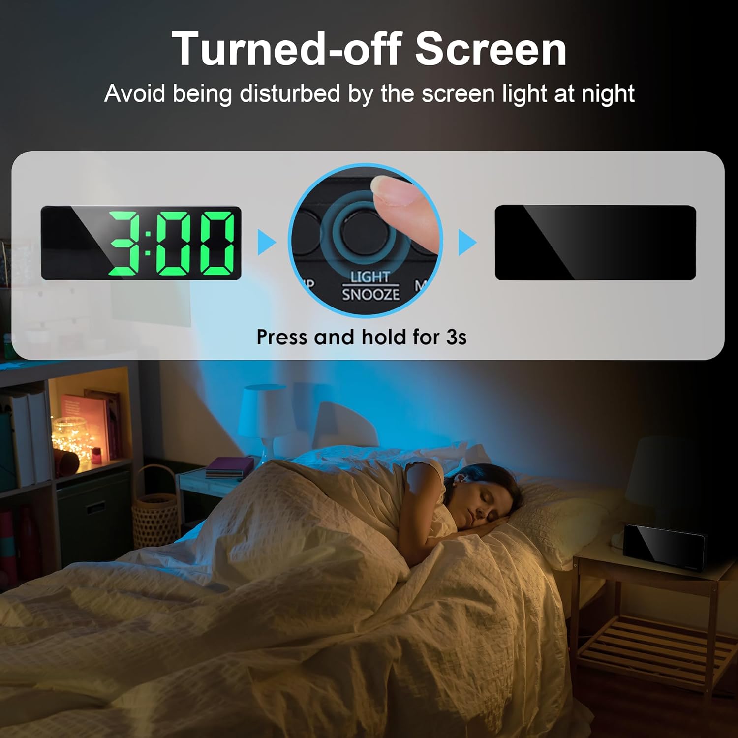 Image showing how to turn off the screen by pressing and holding the LIGHT/SNOOZE button