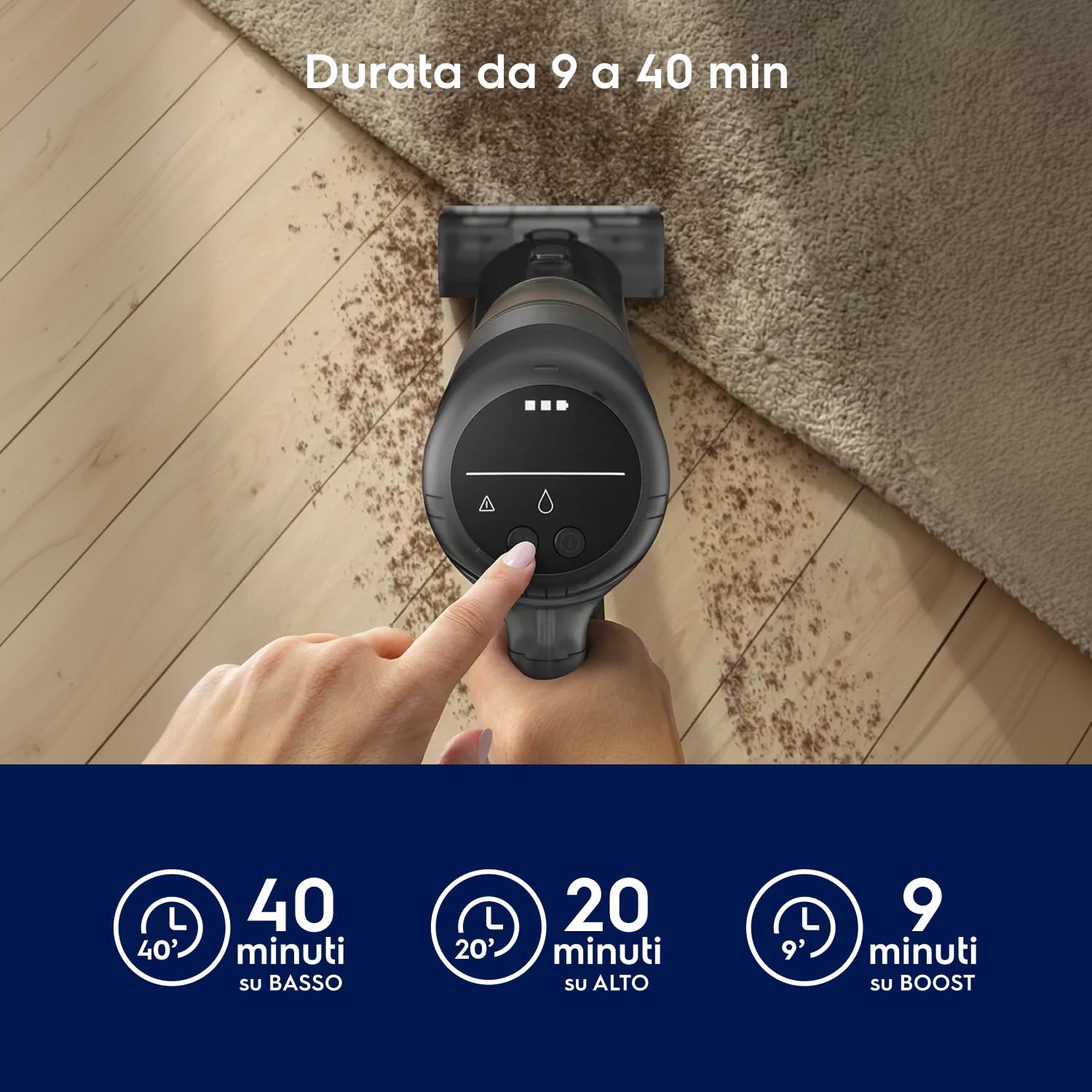 Electrolux Aspirapolvere Senza Filo Serie Clean 600, 40 min di Autonomia, EP61CB21OG, Potente e Portatile, Spazzola Con Rullo Motorizzata, Spazzola Per La Polvere, Lancia con LED, 79 dB, Verde