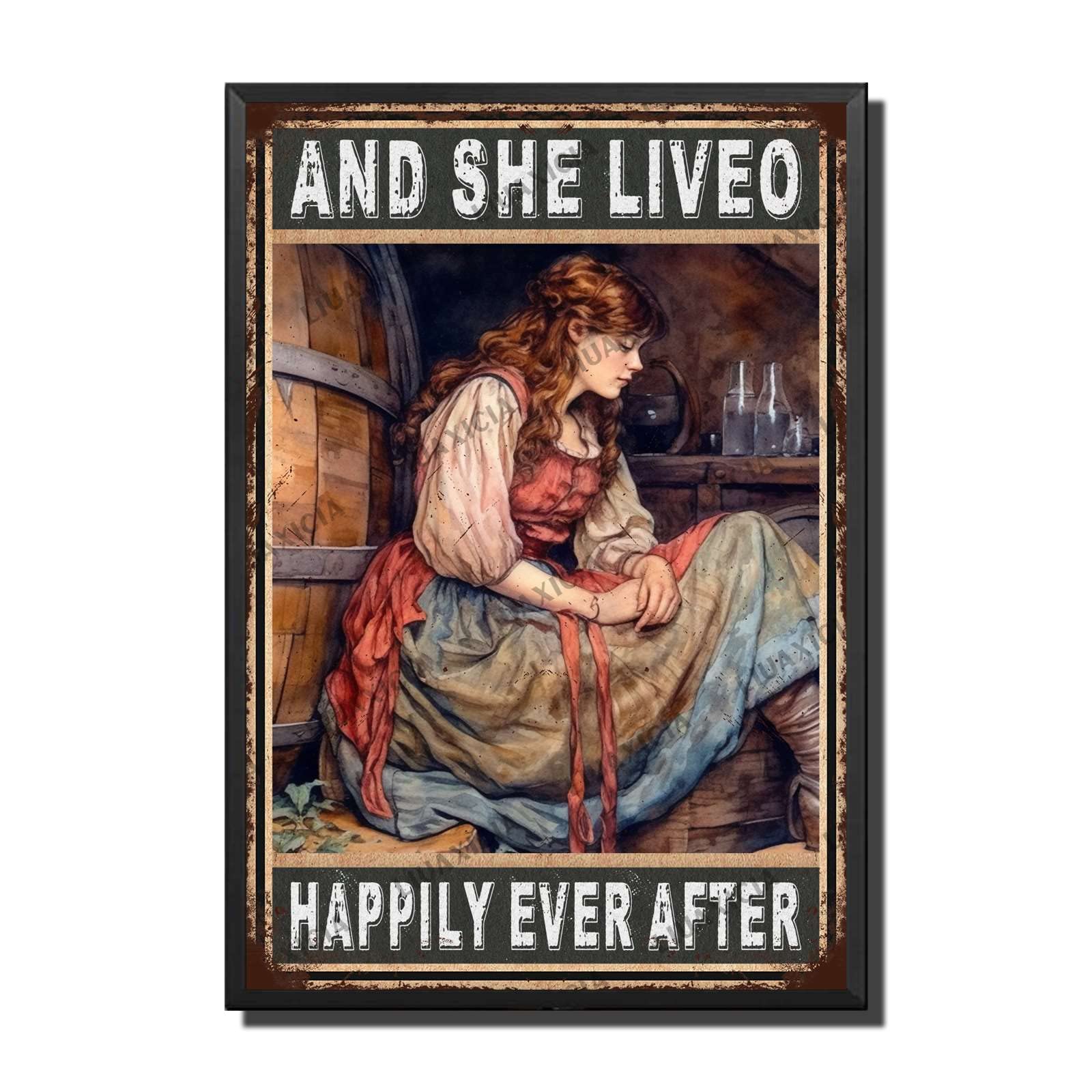 peiyeety Metal Tin Sign And She Lived Happily Ever After Vintage Decorative Wall Art,Retro Whimsical Rustic Plaque for Home Living Room Bedroom,8x12 Inch
