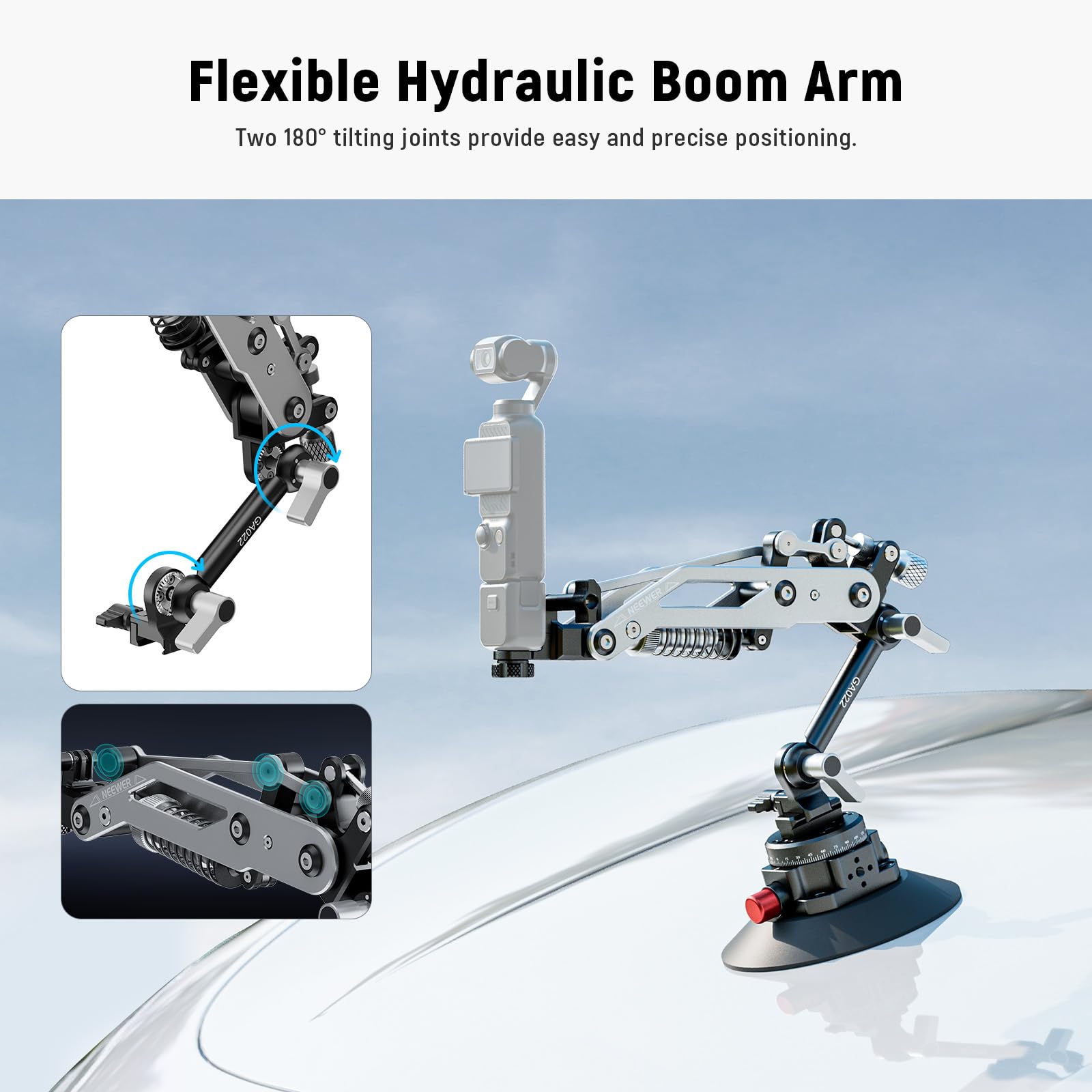 NEEWER Uchwyt samochodowy z przyssawką do kamery sportowej z hydraulicznym ramieniem Boom, szyna NATO, kompatybilny z DJI Osmo Pocket 3 Insts360 X5 X4 X3 GoPro Hero Adapter uchwyt na telefon komórkowy
