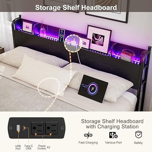 Miniatura 17 de IKIFLY Base de cama tamaño King con cabecera de estante de almacenamiento y estación de carga, cama de plataforma industrial de metal King con luces