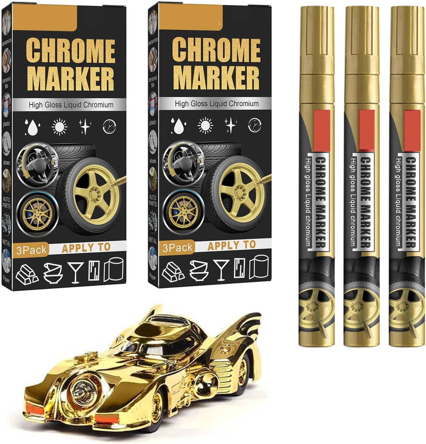 Liquid Chrome Markers, Gold Permanent Reflective Mirror Liquid Chrome Paint Pens, High Gloss Art Car DIY Model Repair Markers for Plastic Metal Glass Ceramic Glass (6 Pack, Gold)