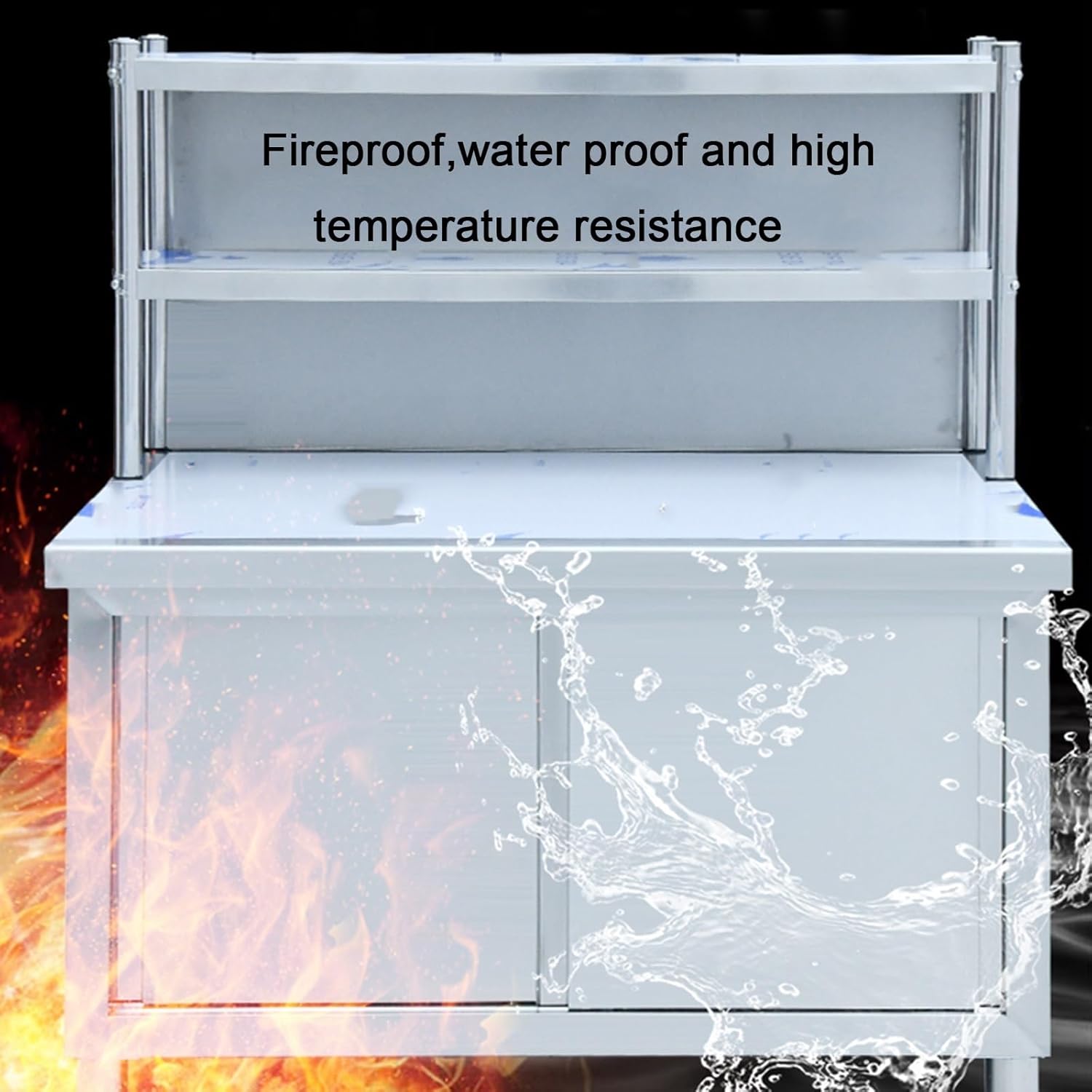 Stainless Steel Workbench Ouble-Track Sliding Doors that Open on Both Sides Double-Tier Storage Shelves with Back Panels Work Table for Home or Commercial Use Adjustable Legs Rounded Corners