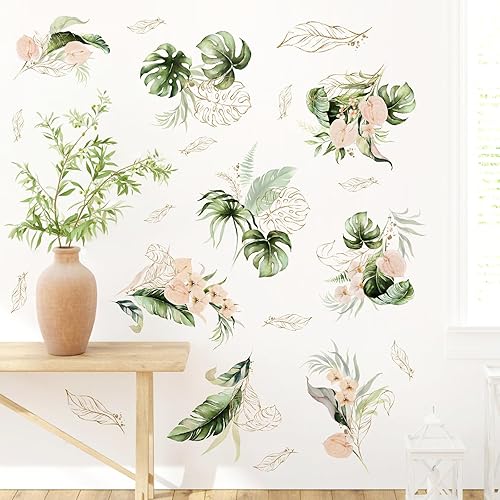 Miniatura 4 de Green Leaves Wall Decals Gold Line Leaves Wall Stickers Tropical Palm Leaf Wall Decals Peel and Stick Watercolor Botanical Plant Wall Art Murals
