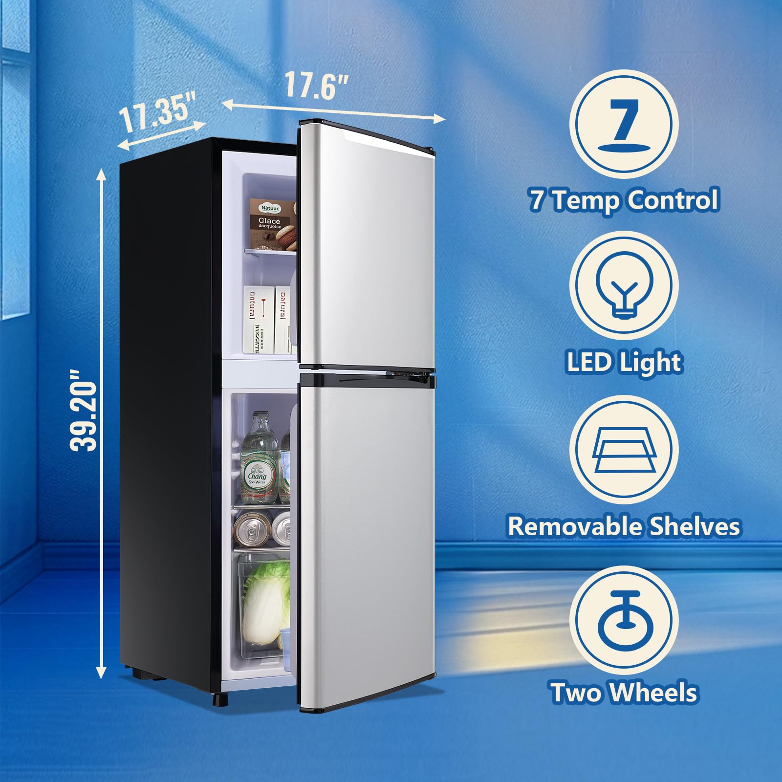 Demuller 3.88 Cu.Ft Capacity Refrigerator With Freezer Double Door Mini Fridge Small Refrigerator With 7 Adjustable Temp Control & 3 Glass Shelves For Kitchen Office Dorm Silver on Fridge.com - View 6