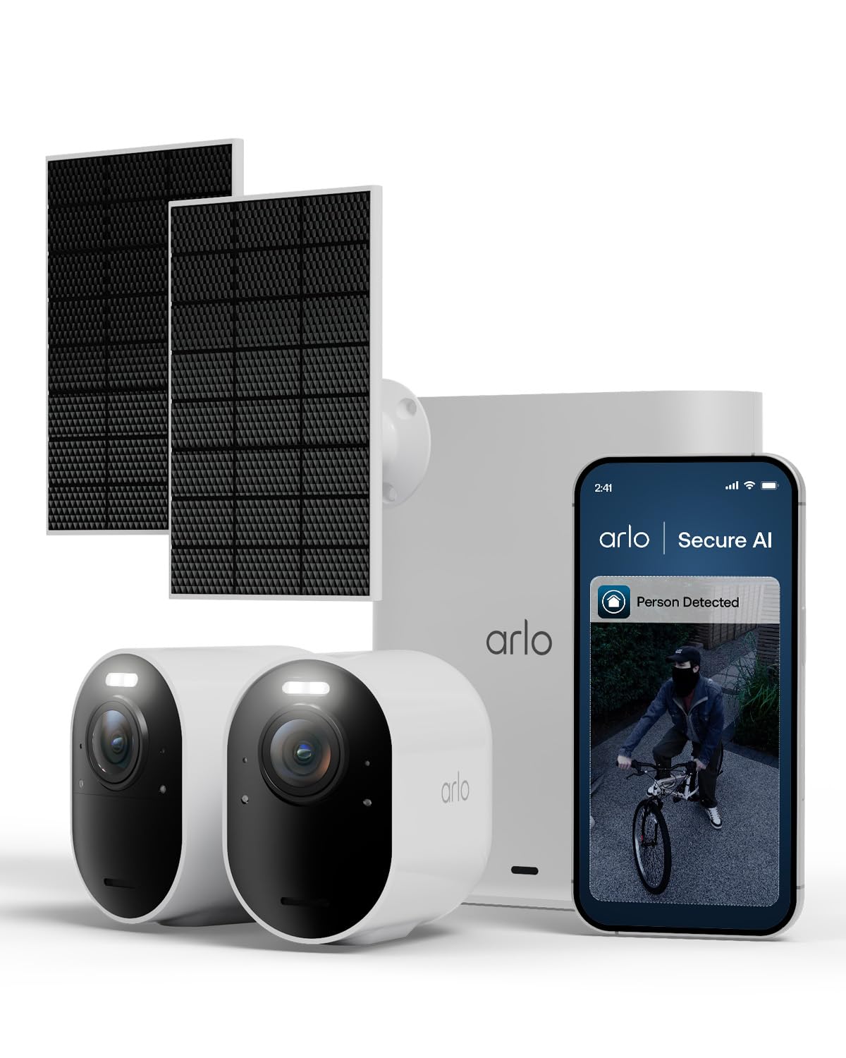 Arlo Ultra 3 4K + Panneaux Solaires et Smarthub, Caméra de Surveillance WiFi Extérieure sans Fil, Détection par IA, Vision Nocturne Couleur, Compatible avec Alexa, Essai Arlo Secure Inclus, 2 Caméras