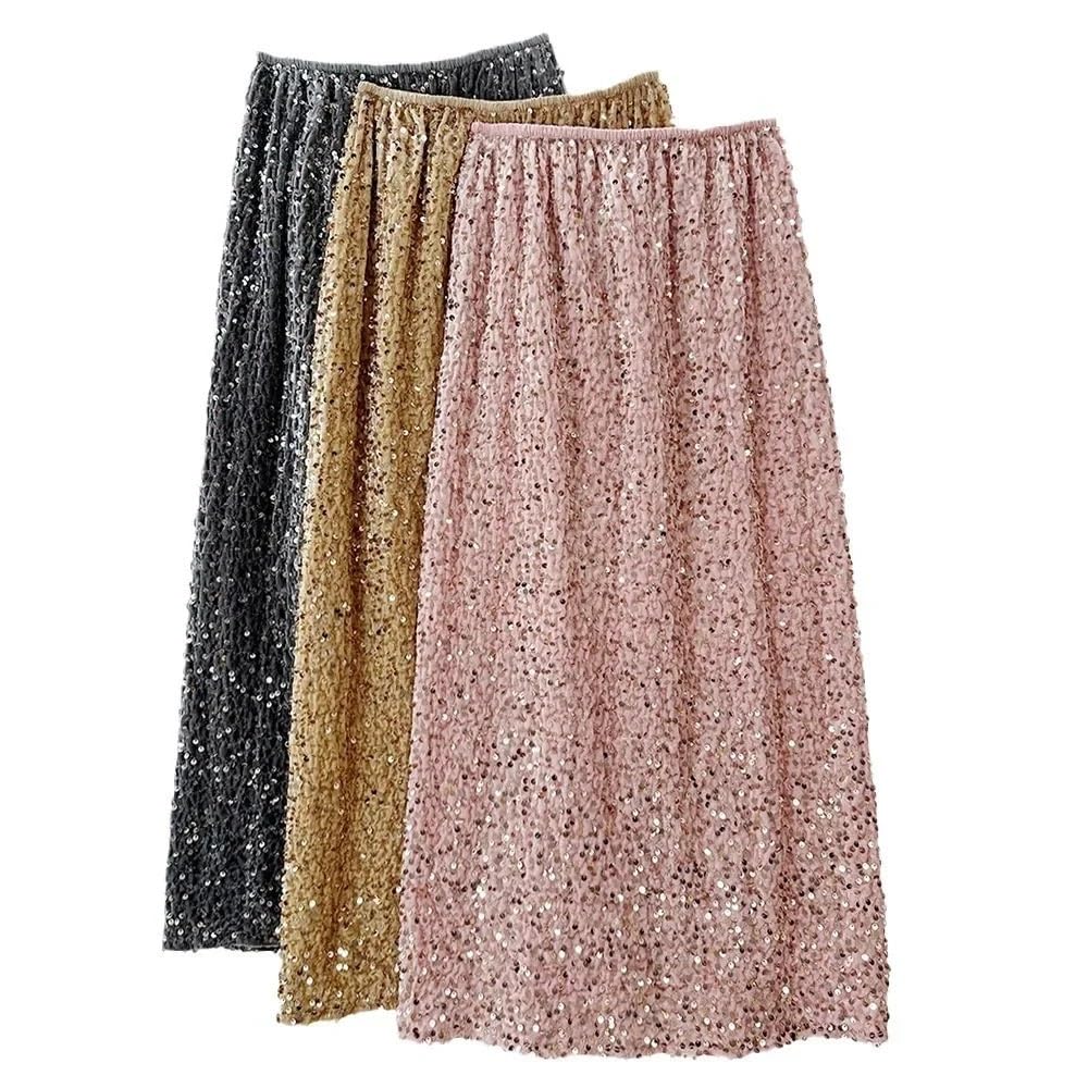 INOKAI Falda de Lentejuelas Falda Envolvente de Cadera for Mujer Falda Media y Larga Recta Retro Brillante Otoño Invierno Recta