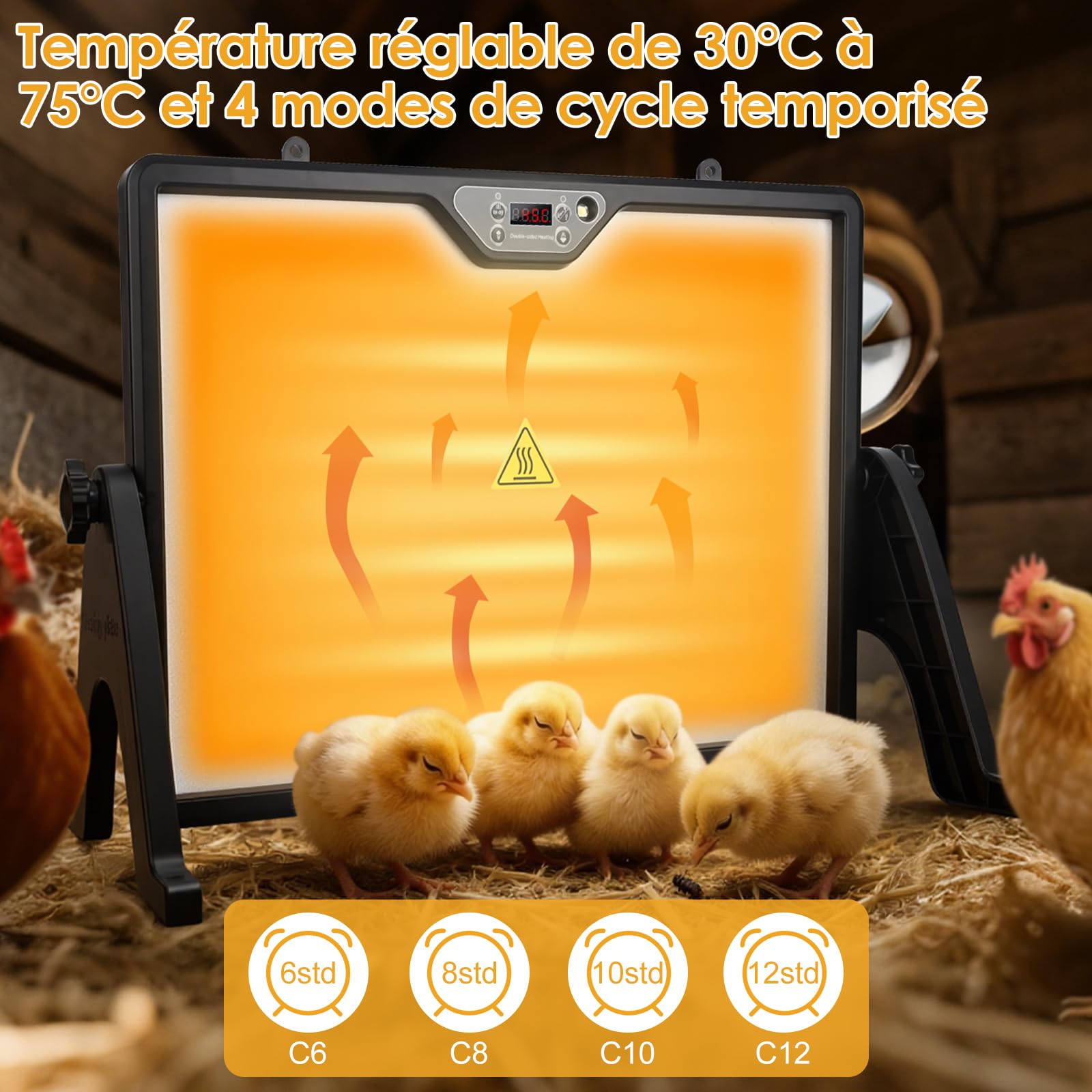 Plaque Chauffante Poussin,180W Lampe Chauffante Poussin,30-75 °C,Plaque Chauffante pour Poussins avec Télécommode,Minuteur,Chauffage pour Poulailler avec Eclairage