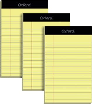Oxford 5 x 8 Inch Legal Pads, 3 Pack, Narrow Ruled on Both Sides, Canary Yellow Paper, 50 Perforated Sheets Per Writing Pad, Proudly Made in the USA 1017033