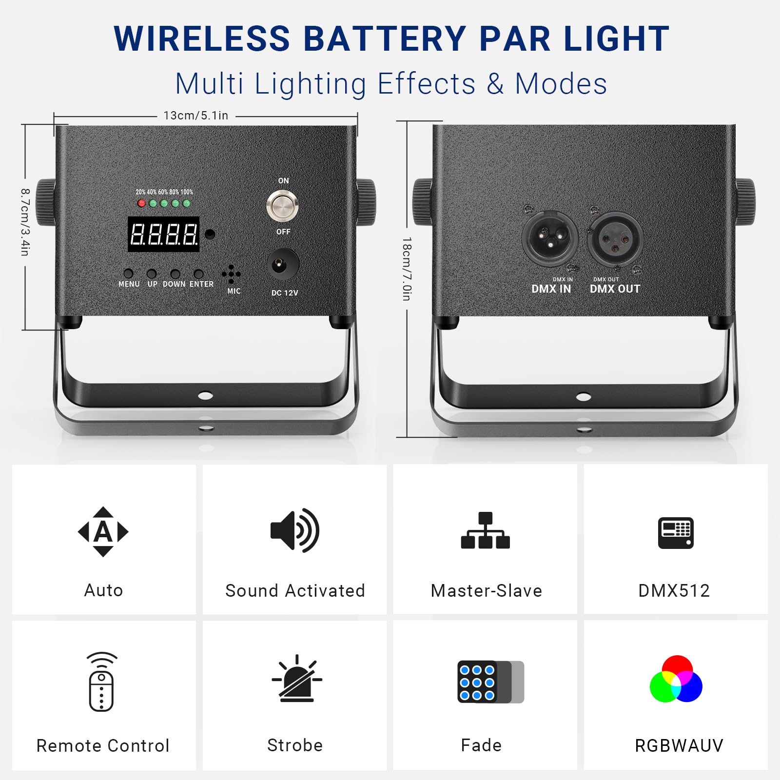 Luces pares LED alimentadas por pilas, 9 x 6 W, RGBWAUV, hexagonales, inalámbricas, 2 unidades, 6-20 horas de trabajo, DMX512 y carcasa de metal con control remoto para DJ, música, baile, eventos