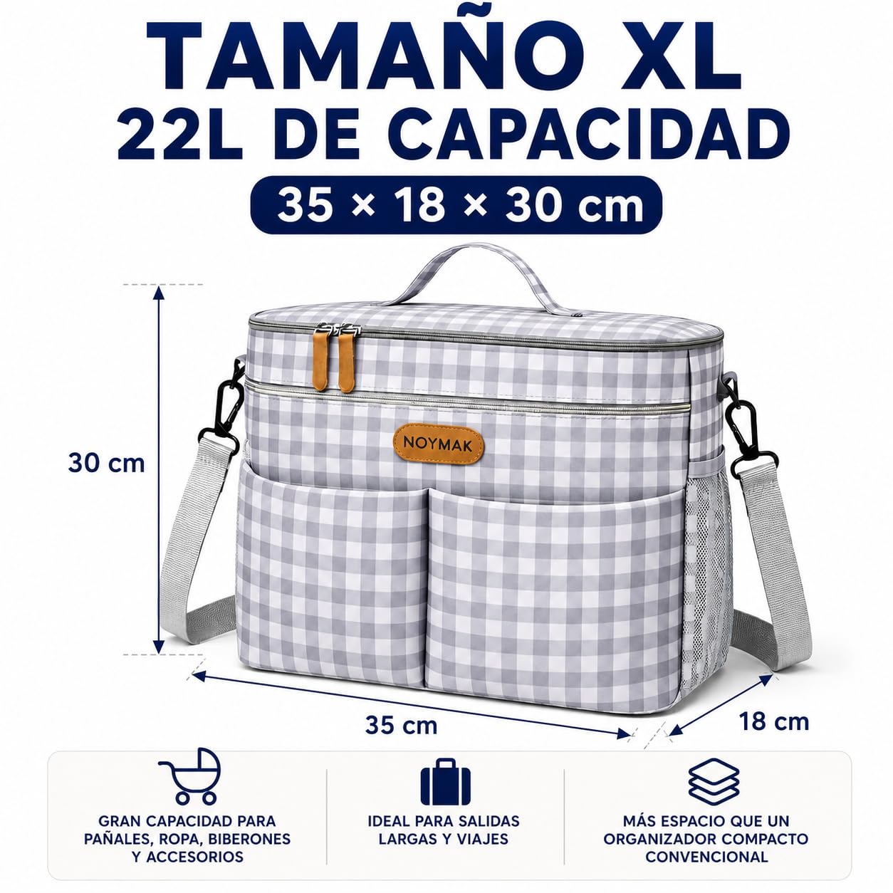 Bolsa Carrito Bebé Grande 22L, Gran Capacidad,Impermeable,Bolso Carro Bebe con Cambiador, Interior Térmico,Ganchos Universales y Accesorios,Organizador con múltiples Bolsillos.