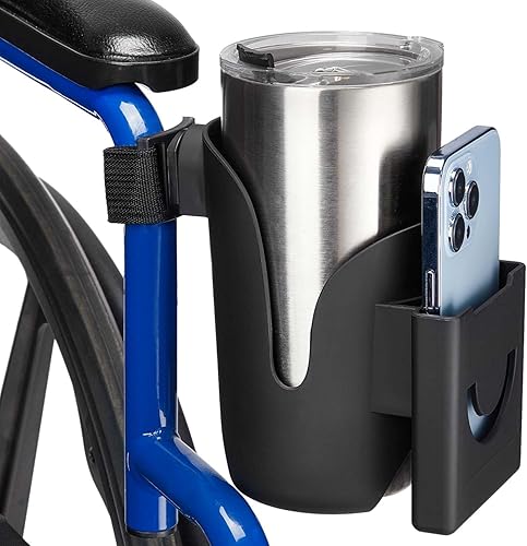 JOYTUTUS Portavasos para silla de ruedas, soporte para botella de agua 2 en 1 y soporte para teléfono, soporte universal para vasos de bebida para