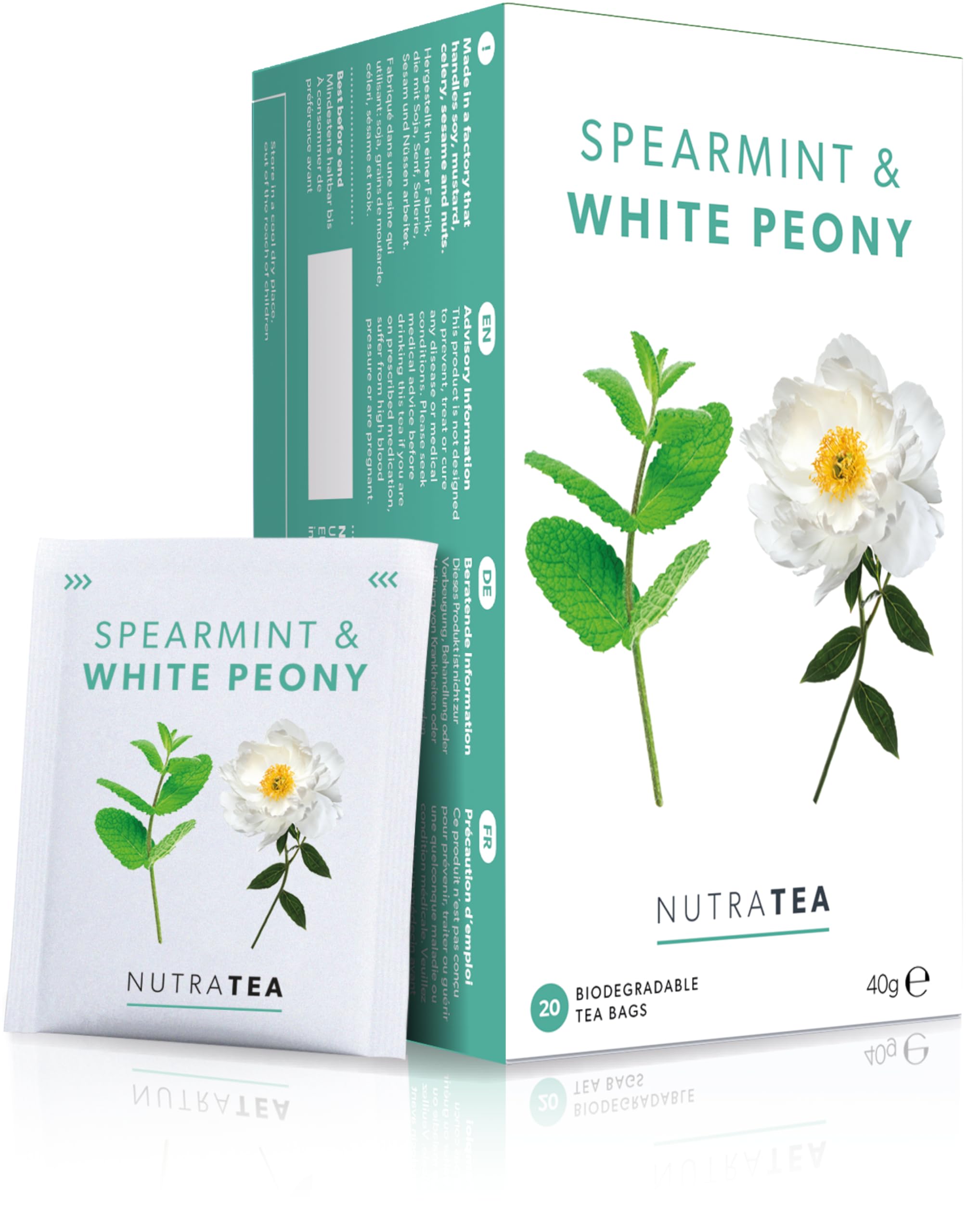 Nutra Tea - Spearmint & White Peony – Spearmint Tea, PCOS Tea - For Digestion, Women's Health & Acne - 20 Individually Wrapped Bags - Herbal Infusion