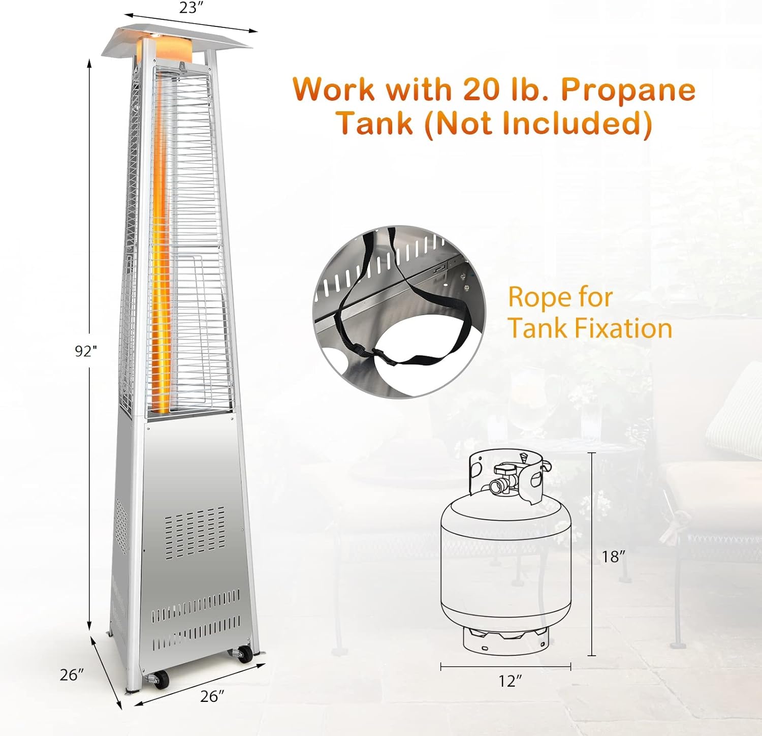 Tangkula Patio Propane Heater, 42,000 BTU Pyramid Outdoor Heater with Tip-Over and Flameout Protection, Quartz Glass Tube, Wheels