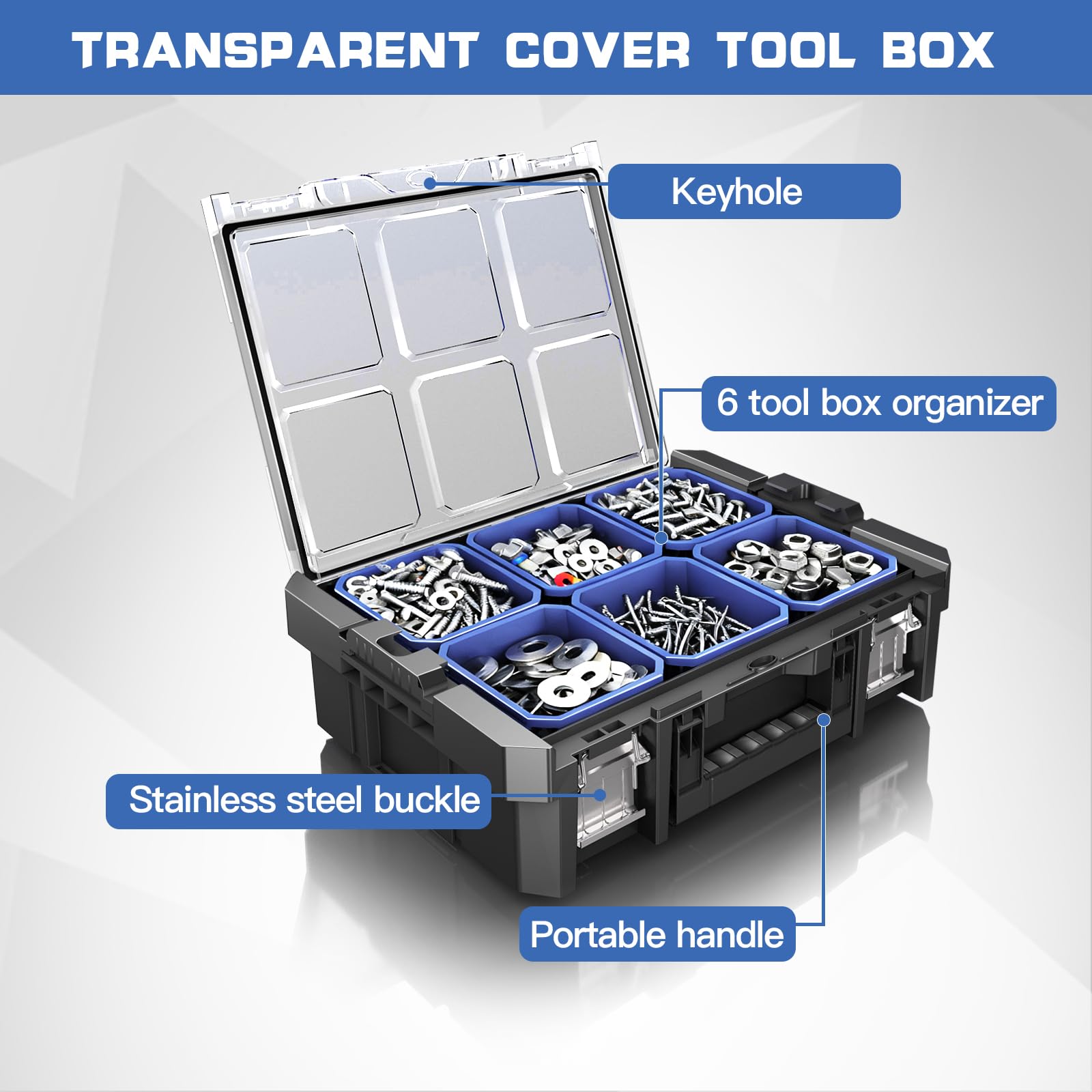Caja Herramientas 43CM Tapa Transparente,AIRAJ Caja de Herramientas Modular,Caja Herramientas Vacia Apilable,Con 6 Cajitas Para Piezas,Para Guardar Herramientas y Accesorios Pequeños(SC1-F)