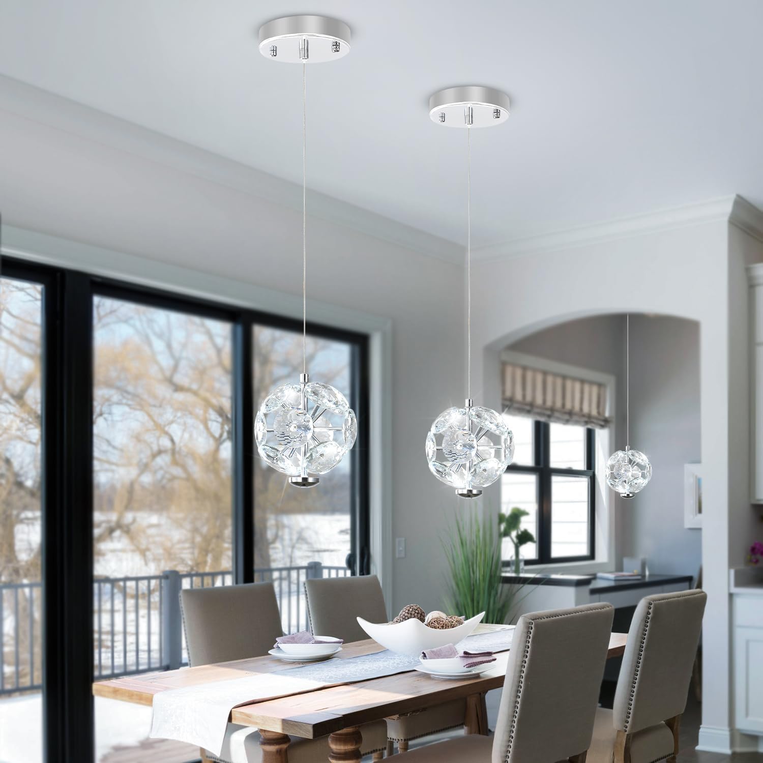 Pendant Lights Kitchen Island Single Head Crystal Island Lights Dining Foyer Entrance Modern Chandeliers LED Dimmable 2700-6000K Silver 1-Light