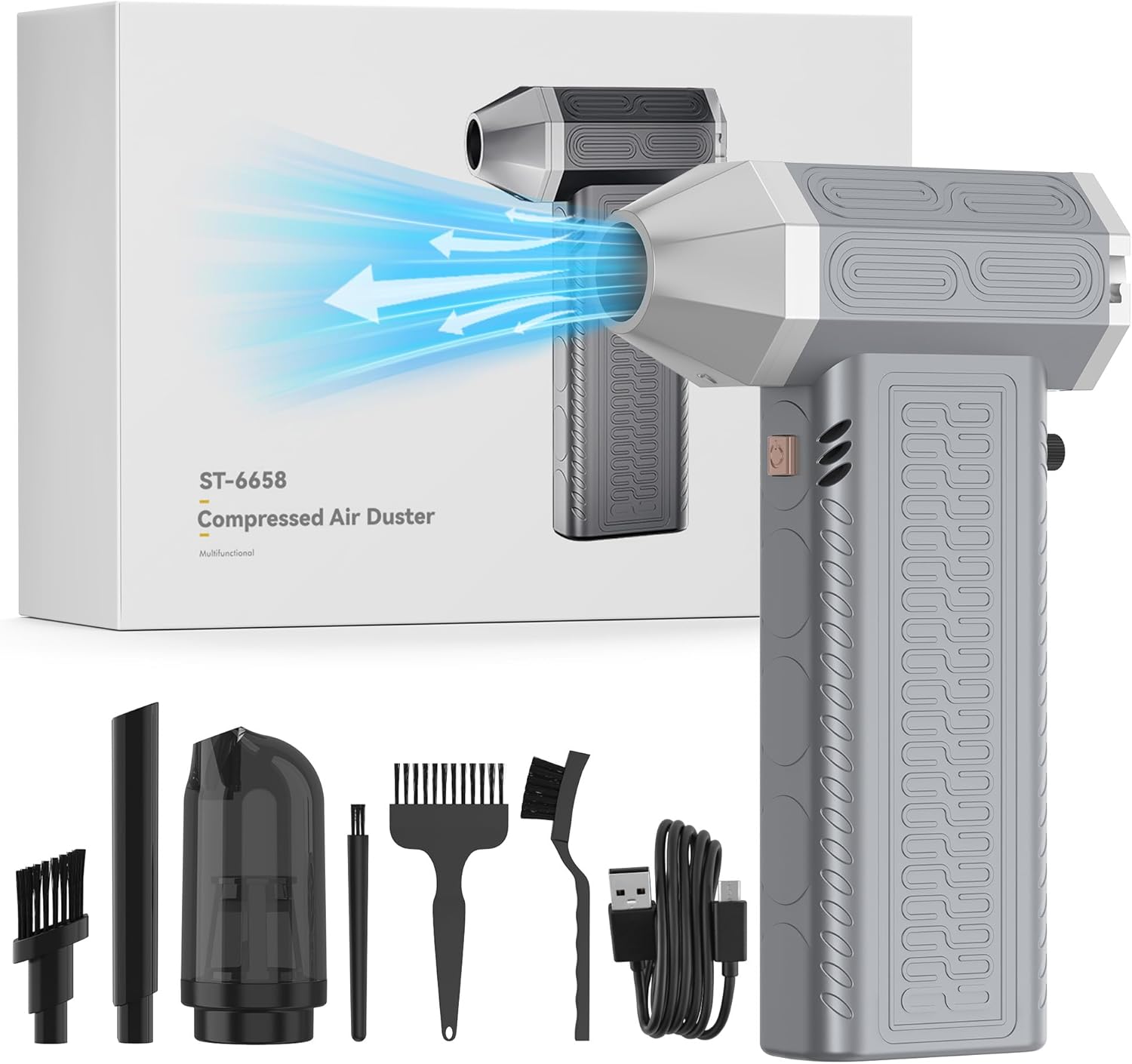 Compressed Air Duster – 130000RPM Super Power Electric Air Duster, 2 in 1 Mini Rechargeable Cordless Air Blower and Vacuum Cleaner for Keyboard, PC, Car Cleaning, (Silver Gray)