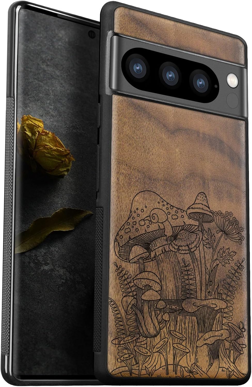 Carveit Wood Case for Pixel 8 Pro Case [Natural Wood & Black Soft TPU] Shockproof Protective Unique Wooden Cover Compatible with Google Pixel 8 Pro (Vintage Mushrooms-Walnut)