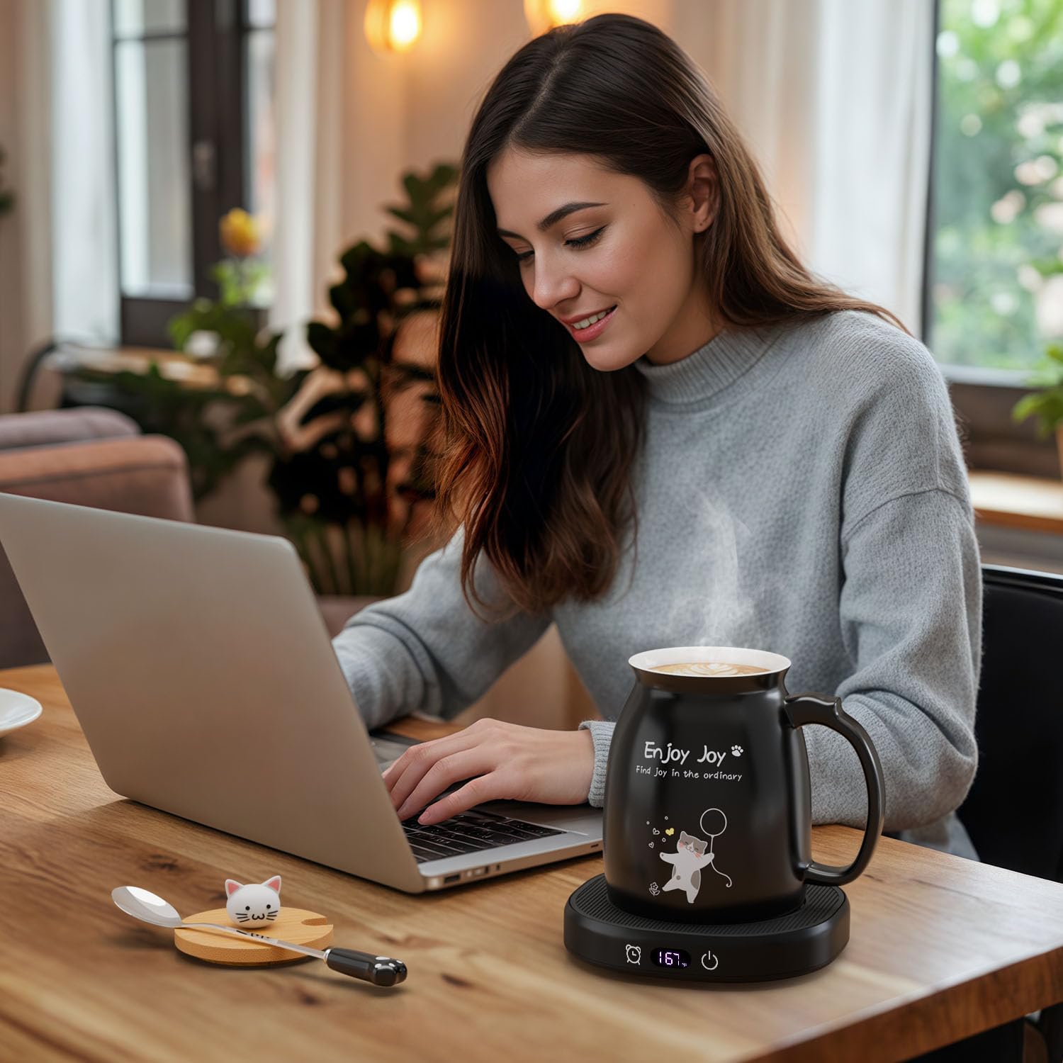 Calentador de tazas de café con bonito juego de tazas de gato, calentador de tazas de apagado automático de 8 horas para escritorio, oficina, hogar, calentador de café eléctrico con 4 ajustes de