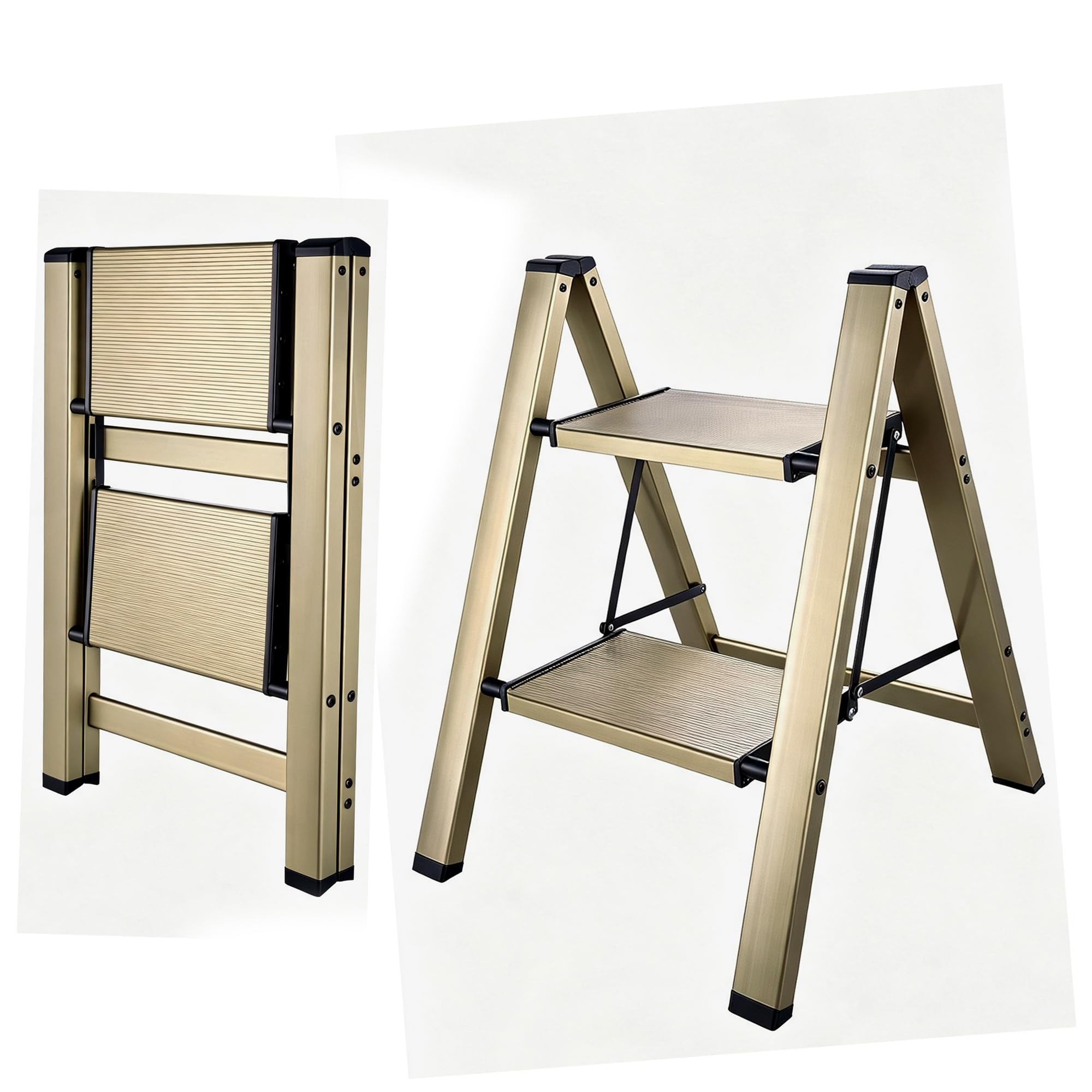 Trittleiter, zusammenklappbar, 2 Stufen, champagnerfarben, goldfarben, Aluminium, Dreibeinstativ, rutschfest, max. 150 kg