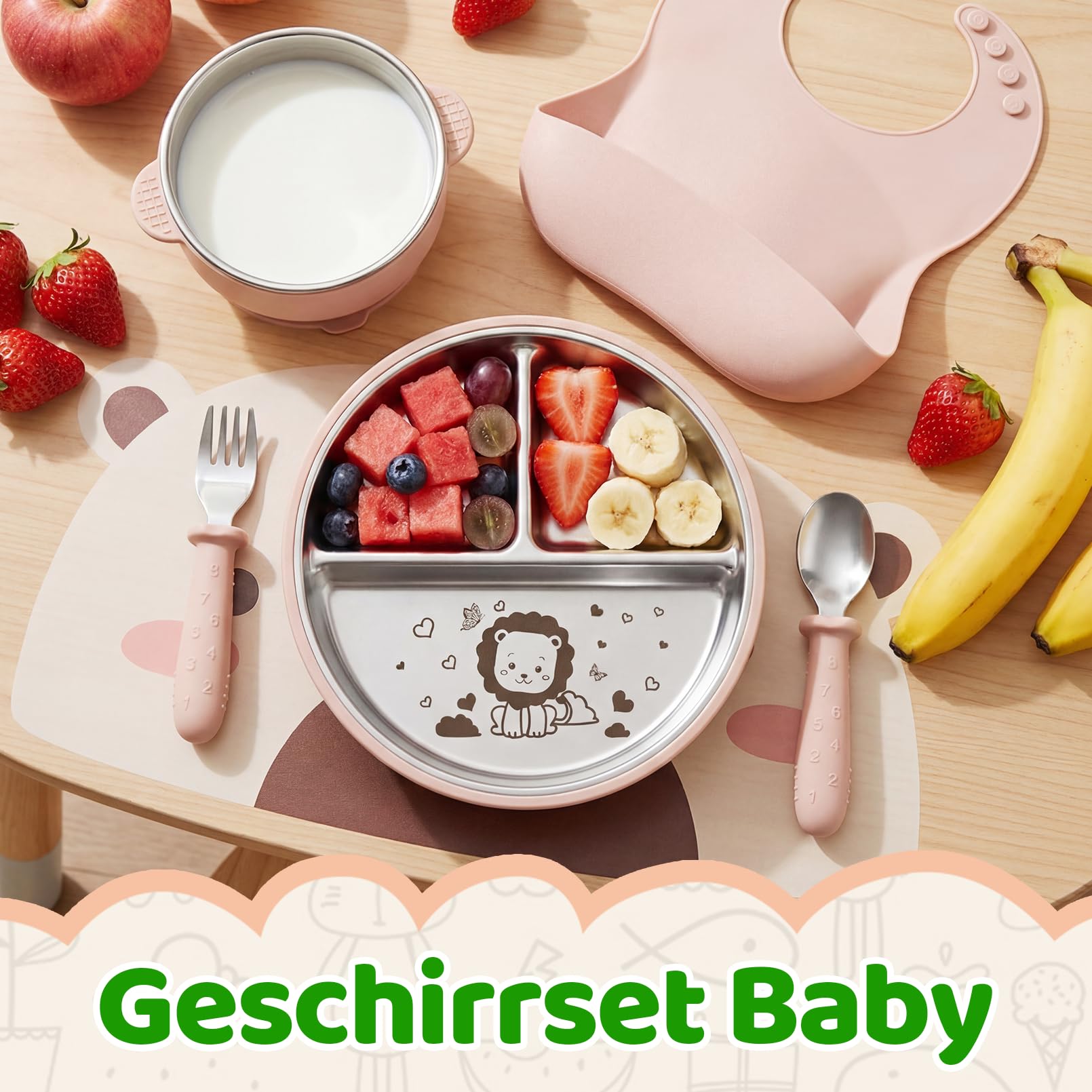 OXYEFEI Edelstahl Teller Baby,Kindergeschirr Set mit Tiermotiven Baby Teller mit Saugnapf Geburtstagsgeschenke für Babys, Taufgeschenke (Blau, Löwe)